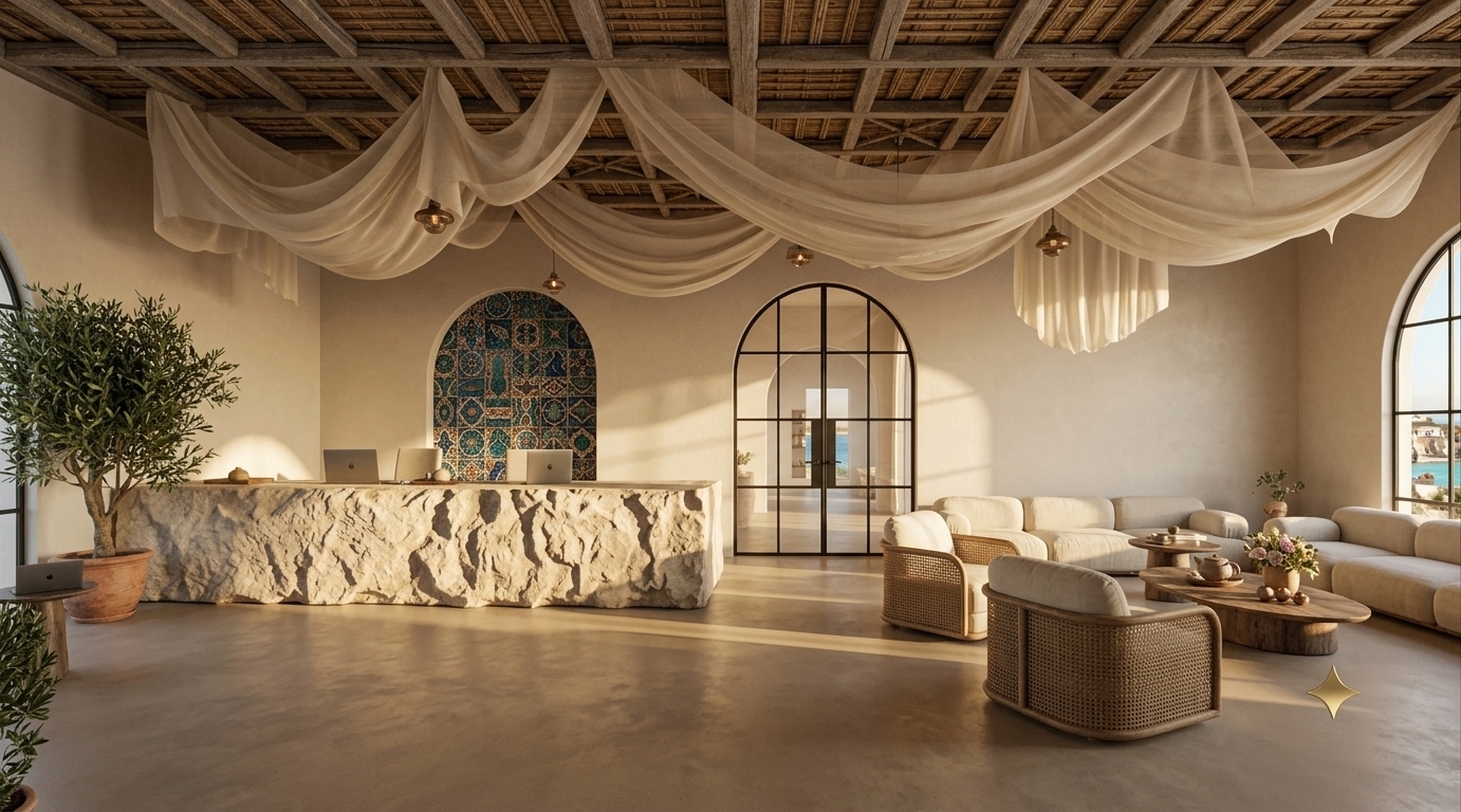 An incredibly lifelike, richly detailed, photorealistic wide-angle interior photograph of a luxurious hotel lobby reception and lounge area set in a serene Mediterranean coastal retreat. The scene is illuminated by warm, late-afternoon golden-hour sunlight filtering through large arched windows, creating a relaxed, sun-drenched, and inviting atmosphere. Captured with a professional medium-format camera and a 24mm tilt-shift lens, emphasizing the raw, organic plaster walls, the delicate grain of the rustic wooden ceiling, and the soft, organic draping of sheer fabric overhead.

This earthy sanctuary beautifully blends casual elegance with aged rustic charm, perfect for a high-end travel photography book. To the left, a long reception desk with a heavily textured, hand-sculpted stone facade sits beside a lush, potted olive tree, backed by an arched alcove adorned with a vibrant mosaic of traditional Mediterranean tiles in deep blues, greens, and warm terracotta. Delicate, gauzy cream fabric drapes gracefully across the traditional wooden beam-and-reed ceiling, swaying gently in an imagined breeze. To the right, the casual lounging area features low-profile, cream-colored modular sofas and woven wicker armchairs gathered around organic-shaped rustic wooden coffee tables decorated with artisanal pottery. Elegant, black wrought-iron arched doors and windows frame views of the sunlit coast beyond, casting dramatic, soft shadows across the smooth, warm neutral microcement floor.