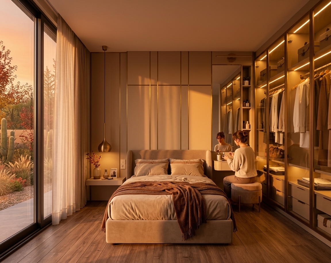 An incredibly lifelike, richly detailed, photorealistic interior photo of a luxurious master bedroom at a serene desert retreat set in a tranquil autumn landscape. The scene is illuminated by a deep, amber sunset streaming through expansive floor-to-ceiling glass sliding doors, creating a warm, sun-drenched, and peaceful atmosphere. Captured with a professional medium-format camera, emphasizing the rich textures of the grain-rich wooden floor, elegant gold-trimmed wall paneling, and soft tactile fabrics. 

In the center of the composition, a low-profile bed is dressed in luxurious earth-toned linens in shades of beige and warm neutrals, draped with a textured, deep brown-terracotta throw. The headboard wall features minimalist sand-colored panels divided by sleek vertical brass trim that brilliantly catches the low golden hour light. To the left, a delicate sheer curtain filters the evening glow, hanging beside a floating nightstand adorned with a simple vase of dried autumn twigs and illuminated by a teardrop-shaped brass pendant light. On the right, a built-in vanity nook with a tall mirror and a cozy round stool provides a quiet corner for a woman seen in profile, enhancing the lived-in, peaceful energy. This corner seamlessly transitions into a high-end, glass-fronted wardrobe closet system, meticulously organized and glowing from within with warm, concealed LED strip lighting that highlights hanging garments and shelves. Outside the glass doors, the vibrant golden sunset cascades over a dense, softly focused garden, casting long, dramatic shadows and reflecting a brilliant autumn haze across the entire polished interior.