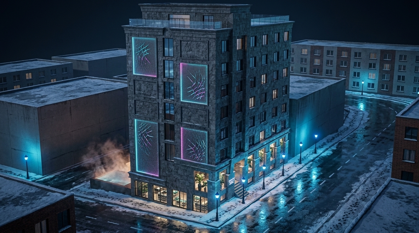 An incredibly lifelike, richly detailed, photorealistic high-angle architectural photo of a sleek, cyberpunk boutique hotel corner set in an icy, grimy urban winter environment at night. The scene is illuminated by a sharp contrast of deep, cold shadows and vibrant neon noir accents—electric blue, magenta, and cyan—creating a gritty, mysterious, and high-tech atmosphere. Captured with a professional tilt-shift architectural lens, emphasizing the rough-hewn stone facade, wet asphalt reflections, and sleek glass surfaces, the dark gray structure features intricate textured panels that shimmer with minimalist holographic wall art glowing subtly in the winter haze. At street level, the building opens up to reveal a sophisticated, warm-lit lobby and lounge through large glass windows, showcasing sleek metal and glass furniture, lush indoor plants, and cyberpunk decor. The glistening wet street corner is lightly dusted with snow, reflecting the glowing neon-rimmed streetlamps and the soft vapor rising from an adjacent heated outdoor pool area, perfectly capturing a moody, industrial cinematic vision fit for a premium architectural photography book.