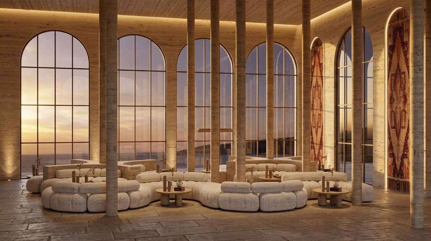 An incredibly lifelike, richly detailed, photorealistic interior photo of a grand hotel lobby set in a luxurious Mediterranean retreat. The scene is illuminated by warm, golden ambient spotlights that capture the lingering warmth of a sun-drenched day, creating a relaxed, rustic, and inviting atmosphere. Captured with a 35mm architectural lens, emphasizing the incredibly textured stone surfaces, monumental columns, and earthy color palette. 

In this serene coastal sanctuary, towering travertine stone pillars soar toward a high ceiling, framing an expansive lounge area. The space features large arched windows and matching recessed wall alcoves adorned with ornate, Mediterranean-inspired tapestry wall art boasting rich shades of terracotta, deep reds, and warm neutrals. Below, an organic, winding modular sofa in a textured, off-white rustic fabric wraps fluidly around the bases of the slender stone columns, offering a casual and comfortable seating arrangement. Earthy cylindrical side tables holding stone vases and curated photography books are nestled along the curving cushions, enhancing the lounge's warm, inviting, and aged Mediterranean aesthetic.