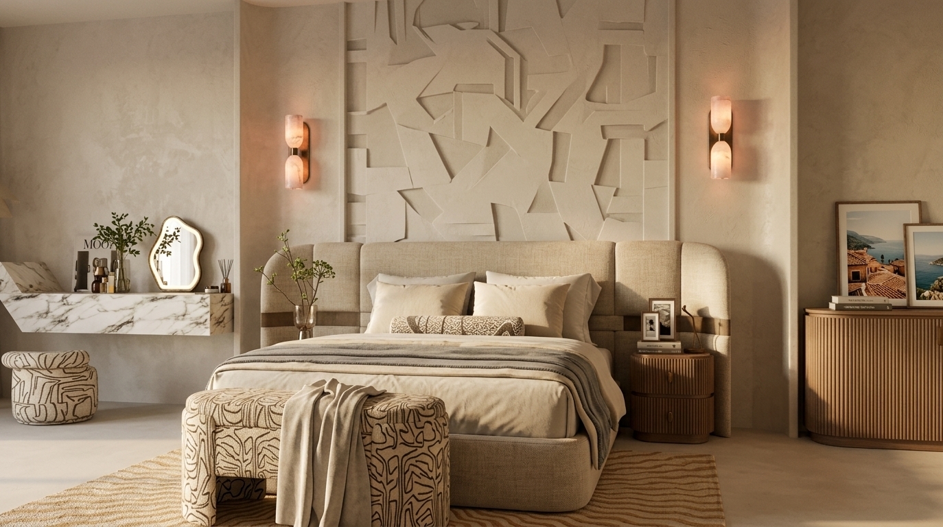 An incredibly lifelike, richly detailed, photorealistic interior photo of a master bedroom set in a relaxed, sun-drenched Mediterranean retreat. The scene is illuminated by the soft, golden glow of dual-bulb alabaster wall sconces alongside gentle, warm ambient light, creating an inviting, earthy, and peaceful atmosphere. Captured with a professional 35mm architectural lens at a straight-on perspective, emphasizing the tactile plaster walls, the smooth, floating marble vanity, and the organic, line-art patterns on the footboard bench and accent stool. In the center, a luxurious bed is layers-deep in warm neutral linens and a soft grey throw, nestled against a plush, curved tri-panel headboard. To the left, the floating marble shelf holds a glowing, organic-shaped mirror next to a delicate glass vase with green branches, while the right side features a rounded bedside chest adorned with stacked design books and framed Mediterranean landscape prints. A textured, wave-patterned rug in soft ochre and beige tones completes the floor, anchoring the room’s blend of rustic comfort and refined, casual coastal luxury.