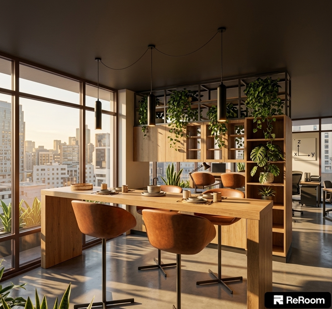 An incredibly lifelike, richly detailed, photorealistic wide-angle interior shot of a sophisticated coworking communal area reimagined as a bohemian oasis, set in a bustling high-rise urban environment. The scene is illuminated by warm, golden afternoon sunlight pouring through the expansive glazing, creating a serene, inviting, and creative atmosphere. Captured with a high-end full-frame camera and a 35mm lens, emphasizing the organic textures of natural oak, soft tactile fabrics, and the sophisticated metallic sheen of bronze-finished window frames. 

The original bright purple frames have been elegantly replaced with deep, warm bronze-colored aluminum profiles, grounding the space and framing the sweeping city views with a refined, earthy tone. The long minimalist oak high-top table is paired with comfortable swivel stools upholstered in cognac leather, adding comfort and warmth to the spatial layout. The open metal and wood partition unit behind the counter has been styled as a living green wall, with cascading pothos ivy, leafy monsteras, and potted snake plants breathing life into the workplace. Modern black pendant lights hang from the dark ceiling, casting a focused glow over the table, while carefully curated ceramic tableware and woven rattan accents enhance the cozy, bohemian aesthetic. The polished floor catches the long, dramatic shadows of the afternoon sun, balancing industrial structure with the laid-back, organic comfort of a green retreat tucked away high above the city.