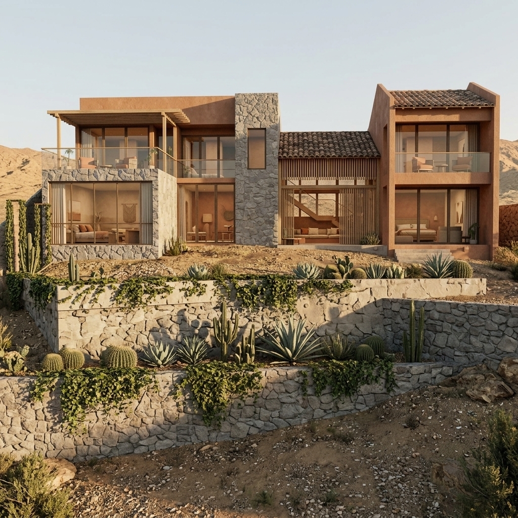 An incredibly lifelike, richly detailed, photorealistic wide-angle architectural photo of a multi-tiered desert retreat set in an arid, sun-drenched Southwestern landscape. The scene is illuminated by the warm, golden light of the late afternoon sun, creating a tranquil and serene atmosphere. Captured with a professional medium-format camera and a 35mm tilt-shift lens, emphasizing the organic textures of rough-cut stone walls, warm natural timber screens, and rustic clay roof tiles. 

The structure clings elegantly to a desert hillside, its geometric volumes terraced to echo the natural topography. The exterior palette blends tactile grey stone masonry with earthy terracotta plaster and light-filtering wooden slats. Through the massive floor-to-ceiling glass windows, glimpses of the minimalist, earth-toned living room reveal a warm, inviting interior characterized by shades of beige and terracotta, simplistic rustic wooden furniture, and desert-inspired decor. On the upper balconies, sleek glass railings frame cozy outdoor seating areas, while carefully placed cacti, succulents, and creeping desert ivy accent the stone retaining walls, seamlessly integrating this masterfully crafted sanctuary into its peaceful, arid environment.