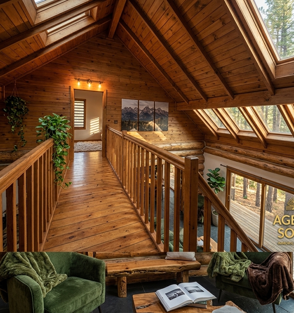 An incredibly lifelike, richly detailed, photorealistic wide-angle interior shot of a reimagined rustic attic loft set in a luxurious mountain escape cabin. The scene is illuminated by warm, late-afternoon sunlight filtering through expansive skylights and soft ambient sconces, creating a cozy and inviting atmosphere. Captured with a professional medium format camera and a 24mm tilt-shift lens, emphasizing the deep textures of rough-hewn timber, organic textiles, and the intricate grains of the polished wooden bridge.

This alpine, cabin-inspired retreat transforms the original walkway into an elegant overhead gallery connecting comfortable living zones. The palette is defined by shades of deep greens, rich browns, and warm neutrals, seamlessly blending with the natural, rugged structure of the exposed log ceiling. Sturdy wooden furniture, including a hand-carved log bench, is adorned with high-quality textured blankets and plush moss-green cushions. Mountain-inspired decor, rustic elements, and lush indoor plants cascading over the railings bring the freshness of the pine forest indoors. Hanging prominently on the timber-clad wall is large, evocative mountain range wall art, while a beautiful, heavy-paper photography book lies open on a nearby side table, reinforcing the cabin's peaceful, nestled-in-nature feel.