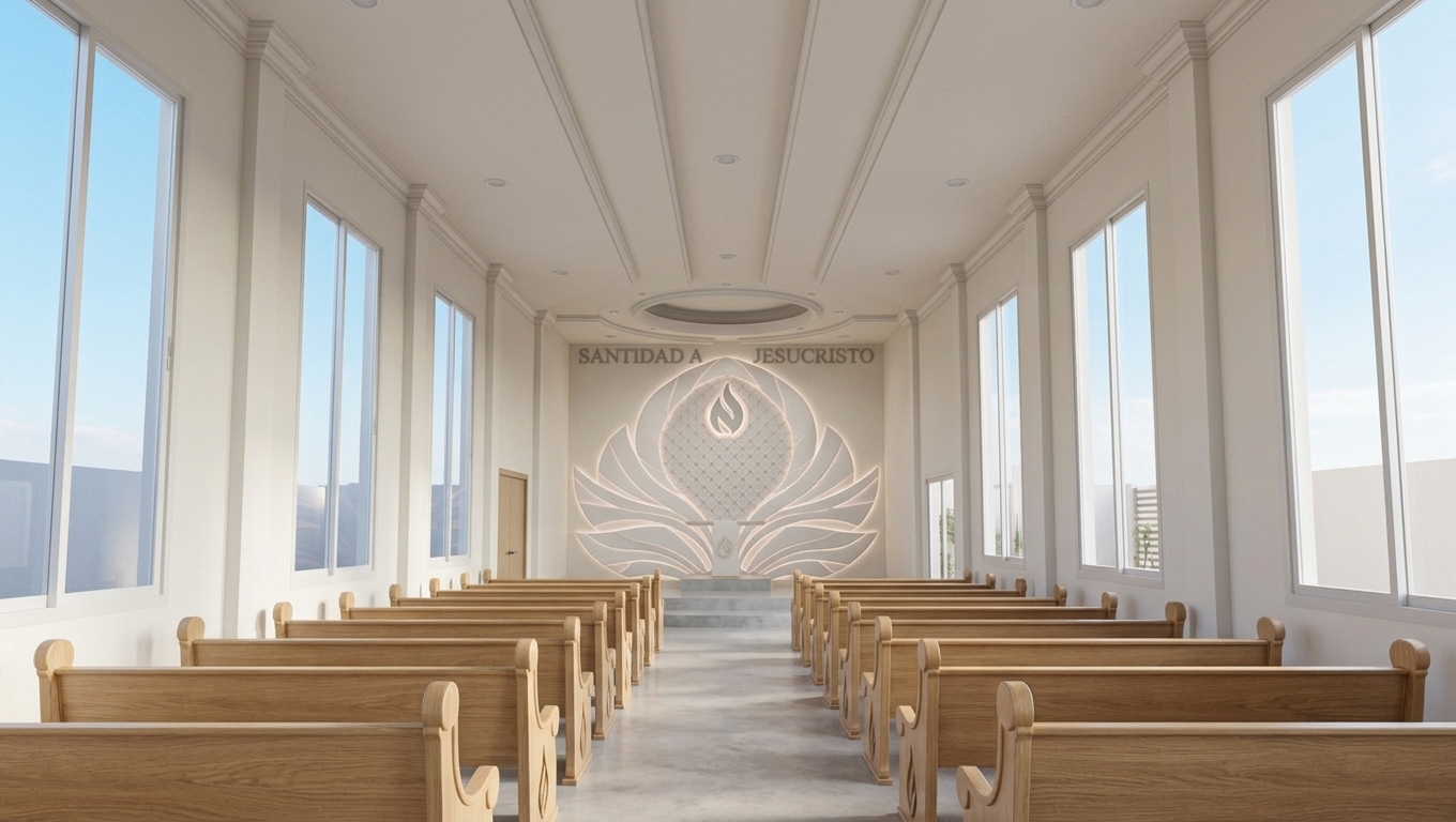 An incredibly lifelike, richly detailed, photorealistic wide-angle interior photo of a minimalist spiritual meeting hall set in a serene contemporary sanctuary. The scene is illuminated by brilliant, soft daylight pouring through expansive side windows, creating a peaceful, contemplative, and sacred atmosphere. Captured with a professional 24mm tilt-shift lens, emphasizing the smooth matte plaster walls, polished light gray microcement floors, and the fine satin finish of the streamlined wooden pews. 

Designed as a minimalist haven, this elegant, uncluttered space features neat rows of sleek, light-oak wooden pews that draw the eye toward the front altar. The focal point is a magnificent, low-relief abstract wall art emblem depicting stylized wings surrounding a central flame, finished in soft shades of white and delicate, pastel-toned backlighting. Above it, the inspiring words "SANTIDAD A JESUCRISTO" are spelled out in clean, modern metallic lettering. Streamlined architectural pilasters frame the tall, minimalist windows, which frame views of a clear blue sky, filling the monochromatic gray and white interior with a sense of airy spaciousness and Zen-inspired tranquility.