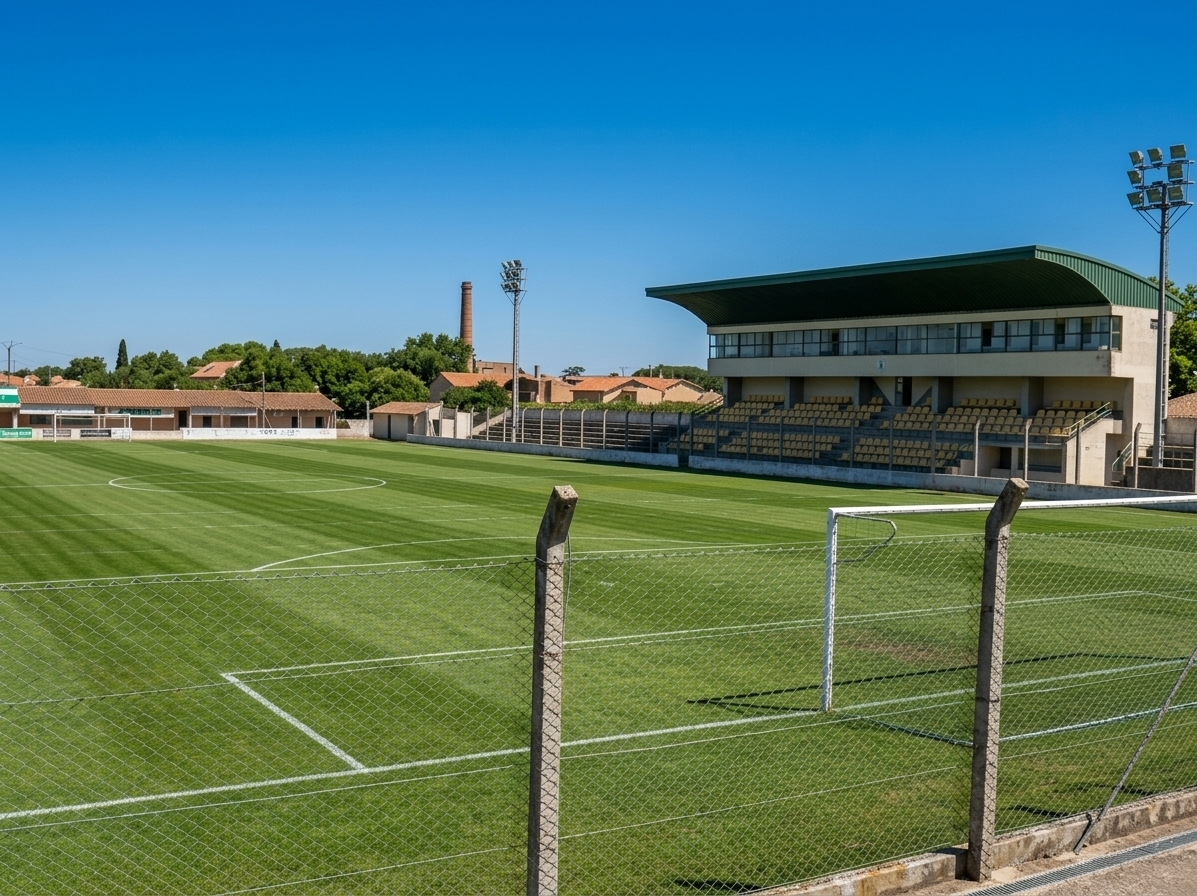 An incredibly lifelike, richly detailed, photorealistic wide-angle architectural shot of a local municipal stadium's pristine football pitch set in a sun-washed, arid suburban landscape reminiscent of a desert retreat. The scene is illuminated by bright, direct midday sunlight under a cloudless sky, creating a vibrant, high-contrast, and nostalgic atmosphere. Captured with a Hasselblad H6D-100c and a 24mm f/4 lens, emphasizing the fine wire texture of the foreground fence, the striped pattern of the lush green grass, and the weathered concrete surfaces of the spectator stand.

In the foreground, a prominent galvanized chain-link fence runs diagonally across the frame, its detailed metallic weave and concrete posts rendered with sharp definition. Behind it, the perfectly manicured green grass of the playing field features neat lawn-mower stripes and crisp white chalk boundary lines, leading the eye toward a standard white goalpost. To the right, the main architectural element is a modernist, two-tiered grandstand with a cantilevered concrete structure finished in off-white stucco and topped with a curved, dark-green corrugated metal roof. The seating area is filled with rows of faded yellow plastic stadium seats, sheltered beneath a glass-walled VIP press box. In the far background, a tall, historic red-brick industrial chimney rises above a dense treeline of lush green foliage and low-lying, terracotta-tiled buildings, all set against a vast, deep blue sky of remarkable clarity.