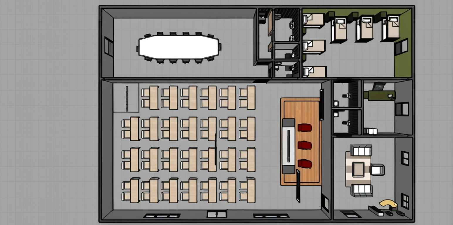 An incredibly lifelike, richly detailed, photorealistic bird's-eye floorplan photograph of a multi-functional modern corporate training and residential facility set in a contemporary office building. The scene is illuminated by bright, even midday light streaming through the peripheral windows, creating a clean, organized, and professional atmosphere. Captured with a high-resolution wide-angle architectural camera, emphasizing the smooth textures of the light gray polished concrete floors, the natural grain of the wooden desks, and the crisp matte finishes of the partitions. 

The layout defines a minimalist haven, showcasing a spacious meeting room at the upper left with a pristine white oval conference table surrounded by sleek charcoal-grey ergonomic chairs. Below it, the main lecture hall features orderly rows of light birchwood student desks facing a raised stage with a wooden platform and three contrasting crimson presenter seats. The right side of the plan is meticulously divided into a cozy shared sleeping quarter with neatly made single beds separated by green modern dividers, immaculate tiled restrooms, a streamlined private office, and a welcoming reception lounge complete with cream-colored sofas arranged around a low wooden coffee table.