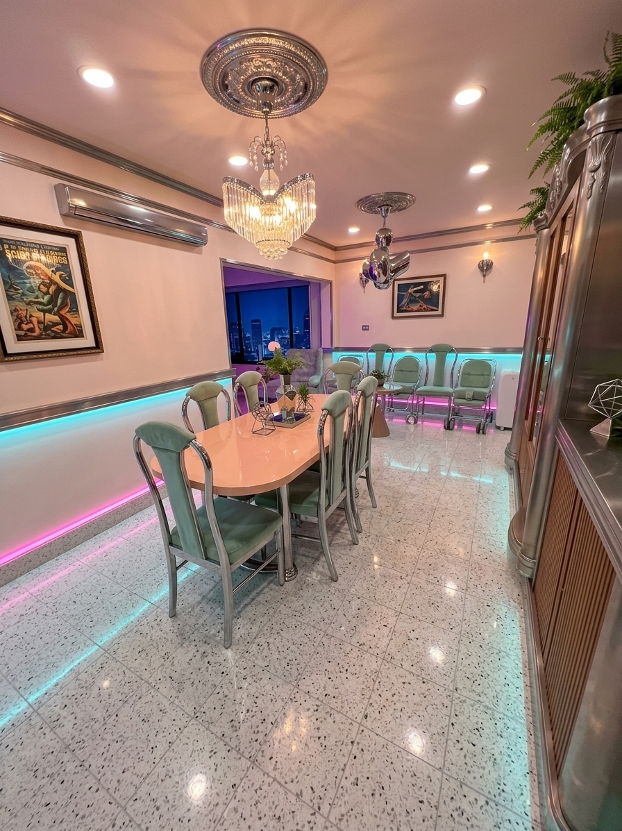 An incredibly lifelike, richly detailed, photorealistic wide-angle interior shot of a retro-futuristic dining room set in a stylish urban apartment during a cool spring night. The scene is illuminated by a mixture of warm, recessed circular spotlights and a dramatic neon pink and cyan ambient glow tracing the baseboards, creating a nostalgic, space-age, and bold cinematic atmosphere. Captured with a Hasselblad H6D-100c with an 80mm lens, emphasizing the gleaming polished chrome structures, smooth pastel-colored surfaces, and retro-futuristic textures. In this reimagined layout, the old tiled floor is upgraded to a seamless, speckled white-and-gray terrazzo that reflects the ambient neon light. At the center of the room stands an elongated, streamlined tulip dining table with a glossy pastel-peach laminate top, surrounded by geometric, mid-century modern chrome chairs cushioned in soft mint-green velvet. The left wall is adorned with a curated gallery of framed vintage sci-fi poster wall art, while the opposite side features a sleek, built-in sideboard made of brushed titanium and ribbed wood panels, stylized to evoke 1970s futurism. Perched atop the sideboard are innovative geometric sculptures and lush, potted indoor ferns that introduce a fresh spring vitality. The far end of the room opens onto a large window showcasing a deep-blue night cityscape, harmonizing the cozy retro-futuristic interior with the external evening light to create a perfectly balanced, artistic space optimized for modern, human-scale living.