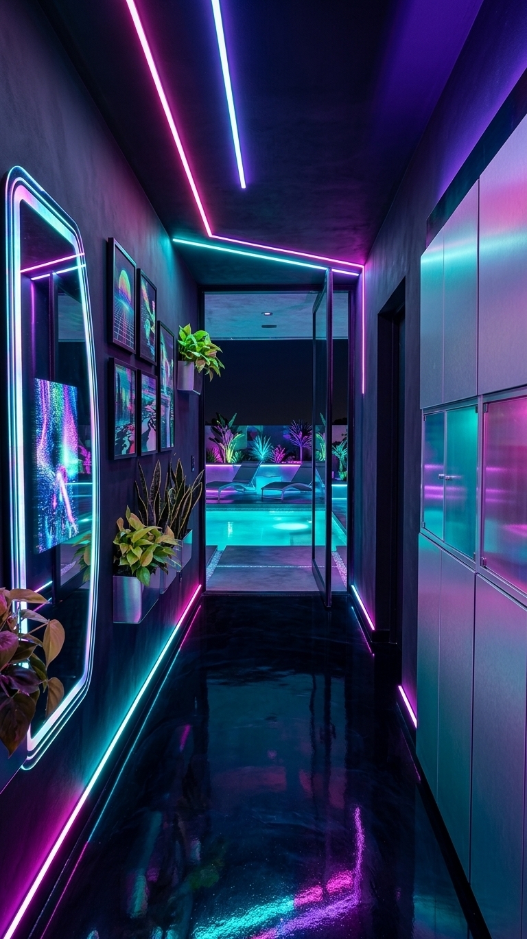 An incredibly lifelike, richly detailed, photorealistic wide-angle interior shot of a vibrant hallway reimagined as a Techno Wonderland, set in an avant-garde modern home during a cool spring night. The scene is illuminated by dynamic, linear neon LED strips in electric pink, cyan, and deep ultraviolet that trace the ceiling and floor edges, creating an immersive, playful, and highly surreal atmosphere. Captured with a professional 24mm f/2.8 lens on a full-frame camera, emphasizing the hyper-reflective surfaces, metallic textures, and the intricate, pulsing patterns of digital art.

The plain, narrow hallway is masterfully transformed into a sensory-rich passage. The walls are finished in a dark, matte charcoal plaster that acts as a canvas for the colorful light play. On the left wall, the simple round mirror is replaced by an oversized, asymmetrical smart-mirror with a pulsing holographic border that displays dynamic digital art. Beside it hangs a collection of framed, lenticular glitch art pieces depicting distorted cybernetic landscapes that shift colors as one moves past. 

On the right, the old built-in closets are replaced with modular, brushed-aluminum and iridescent plastic storage units. These state-of-the-art cupboards feature seamless touch-latch doors that shift chromatics from teal to magenta depending on the angle of viewpoint. The floor has been upgraded from simple parquet to a seamless, high-gloss liquid-epoxy finish in jet black, perfectly mirroring the neon lights and giving the illusion of walking on a deep, shimmering pool of water.

At the end of the corridor, the solid white door is reimagined as a floor-to-ceiling glass pivot door. Through this transparent barrier, a breathtaking view of a luxurious outdoor pool area at night is revealed, welcoming the essence of a fresh spring night. The pool water glows with brilliant underwater turquoise lighting, reflecting off the dark surface of a surrounding concrete and metallic pool deck. Sleek outdoor chaise lounges and vibrant neon-lit planters containing exotic, broad-leaf tropical plants are visible, creating a seamless connection between the high-tech interior dream and the refreshing outdoor oasis.

Inside the corridor, lush, dark-green indoor plants such as neon philodendrons and snake plants are nestled into integrated modular wall-pockets, their leaves catching the synthetic cyber-glow, showcasing a harmonious clash between technology and nature. The overall design masterfully plays with proportion and light, shifting a once-forgotten transitional hallway into a highly functional, visually stunning, futuristic experience that feels both incredibly high-end and deeply expressive.