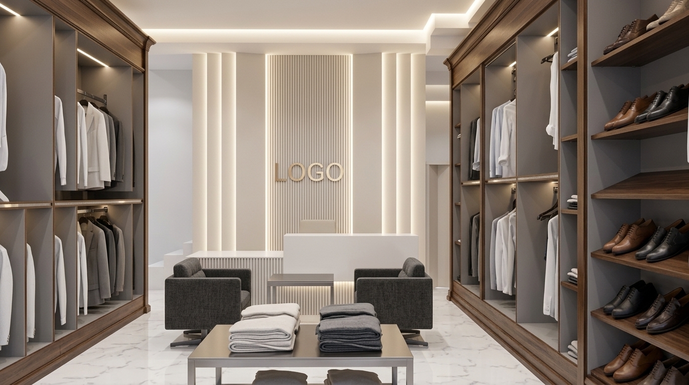 An incredibly lifelike, richly detailed, photorealistic interior photo of a high-end contemporary fashion showroom and meeting room set in an upscale boutique. The scene is illuminated by warm, integrated LED stripping and soft, indirect ambient light channels, creating a serene, elegant, and highly refined atmosphere. Captured with a professional architectural camera and a 35mm tilt-shift lens, emphasizing the fine fluted vertical textures of the wall, the smooth fabric of the garments, and the lustrous reflection on the polished marble floor. 

Designed with contemporary elegance, this clean-lined and balanced space features a sophisticated palette of warm white, pearl, champagne, and soft gray. The back wall acts as a piece of abstract wall art, showcasing a stunning fluted panel design with sculptural backlighting that flanks a minimalist reception desk. In the center, two comfortable tailored upholstered armchairs in dark charcoal gray create an inviting, understated meeting area arranged around a slim metal-framed table. Surrounding the consultation space, polished stone surfaces and tall, recessed wardrobes display neatly hung shirts and suits, while a simple metal display table in the foreground holds folded cashmere garments. Every detail is balanced and airy, emphasizing the polished finishes, slim metal accents, and curated decor that define this light-filled luxury environment.