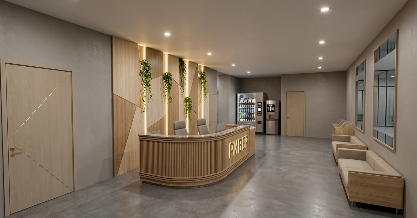 An incredibly lifelike, richly detailed, photorealistic wide-angle interior photo of a modern sports complex reception lobby designed as a minimalist, coworking-friendly haven. The scene is illuminated by warm, integrated LED backlighting and soft, recessed ceiling spotlights, creating a serene and welcoming atmosphere. Captured with a 24mm tilt-shift lens, emphasizing the rich textures of natural wood, matte gray-beige plaster, and sleek, seamless flooring. The focal point is a curved, custom-designed reception desk featuring the subtly glowing brand name "РИВЕР," celebrating a river-inspired design concept. Behind the counter, a feature wall showcasing an organic composition of geometric wooden panels is highlighted by vertical backlighting, with delicate green foliage gracefully cascading down. On the right, low-profile minimalist sofas in a light sand-beige fabric are arranged neatly beneath large vertical mirrors, whilst modern self-service beverage and snack stations sit seamlessly in the background. The color scheme elegantly harmonizes cool slate grays and warm beiges, evoking a soothing riverside landscape.