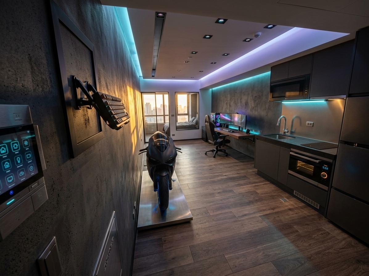 An incredibly lifelike, richly detailed, photorealistic wide-angle interior shot of a tech-forward cyber eclectic fusion condo set in a high-rise urban apartment. The scene is illuminated by the warm, amber rays of a summer sunset streaming through the far window, beautifully contrasting with custom-integrated cyan and violet LED strip lighting that creates a cozy, futuristic, and high-tech atmosphere. Captured with a 24mm wide-angle lens, emphasizing the matte metallic finishes, warm wooden textures, and high-end mechanical components.

Maintaining the original elongated layout, the narrow space is smartly divided into a comfortable living room in the foreground and a private bedroom suite in the rear, separated by a sleek, black-framed smart-glass partition. On the left side of the living area, a stunning matte-black heavy sport motorcycle with faint blue-lit wheel hubs is parked on a low, brushed-steel platform, serving as a bold, artistic center statement. Opposite the bike, the kitchenette is seamlessly upgraded with minimalist matte-charcoal cabinetry, built-in high-tech smart appliances, and warm under-cabinet ambient lighting that casts a soft glow over a dark quartz countertop. 

Through the glass partition in the background bedroom, a professional e-sports setup acts as the crown jewel of the workspace. A luxury ergonomic matte-black gaming chair sits before a floating walnut desk holding a triple-monitor curved setup, glowing with soft custom RGB light from a liquid-cooled PC tower. Rich plush textiles, smoked oak floorboards, dark linen bedding, and the warm summer sunset view outside the window beautifully soften the technological elements, achieving a harmonious, comfortable, of-the-moment sanctuary where high-tech design meets homey warmth.