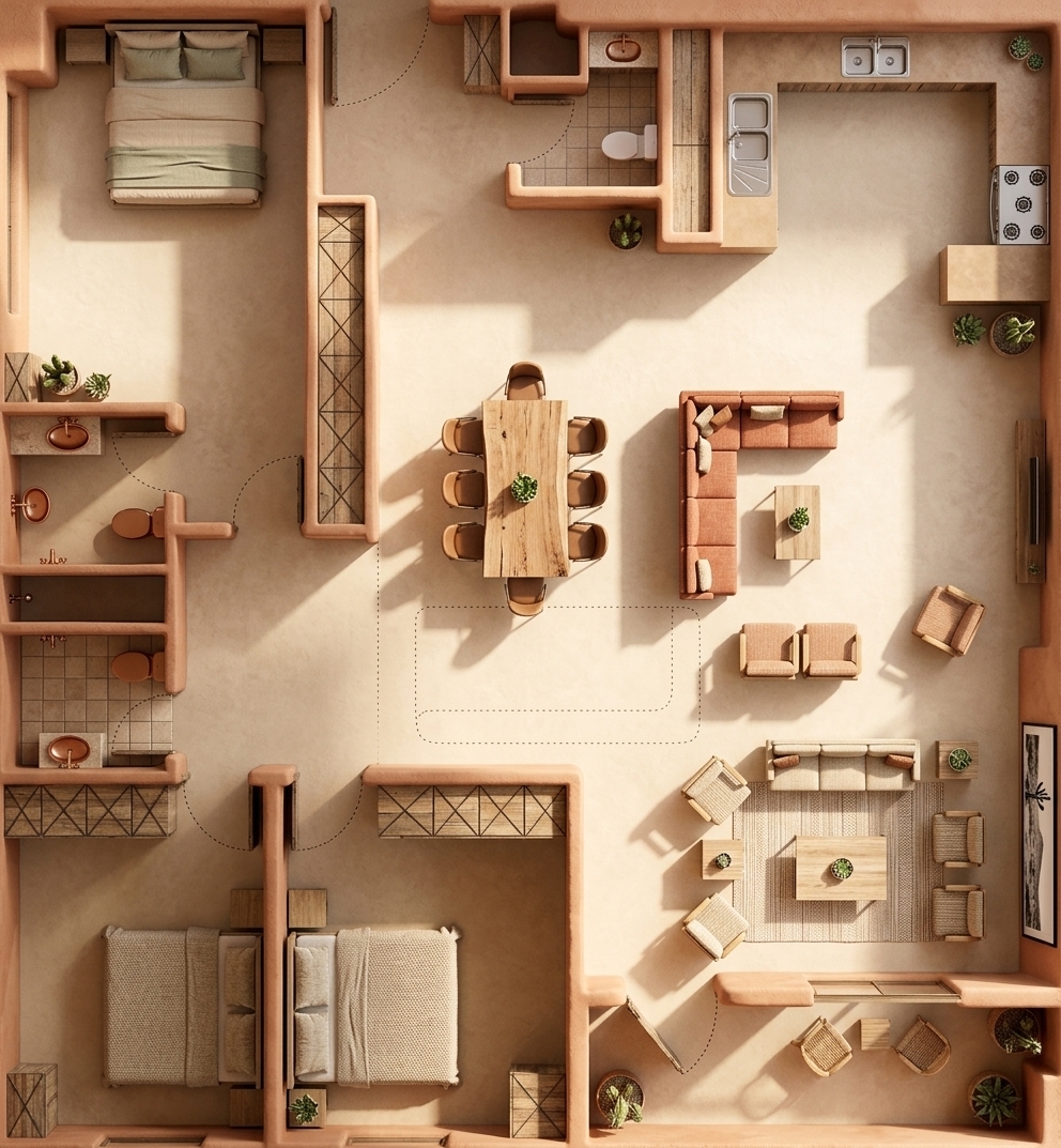 An incredibly lifelike, richly detailed, photorealistic interior architectural shot of a massive, open-concept living room set in a luxurious Southwestern desert retreat. The scene is illuminated by brilliant, sun-drenched natural light pouring through expansive floor-to-ceiling windows, creating a warm, tranquil, and arid atmosphere. Captured with a high-end medium-format camera and a wide-angle tilt-shift lens, emphasizing the organic textures of smooth adobe walls, polished beige microcement floors, and rustic wooden furniture. 

The spacious layout effortlessly flows from a minimalist dining area featuring a raw-edge wooden table surrounded by sleek, earth-toned chairs, into a massive double-living area styled with low-profile sectional sofas in shades of terracotta, beige, and soft cream. Pared-down sandstone coffee tables hold simple stoneware vases, while curated desert-inspired decor, including potted cacti, sculptural succulents, and a large, framed desert landscape photograph on the wall, enhances the rustic elegance. The entire space exudes a serene, simplistic aesthetic, with long shadows stretching across the warm neutral surfaces, creating a perfect sanctuary of modern Southwestern living.