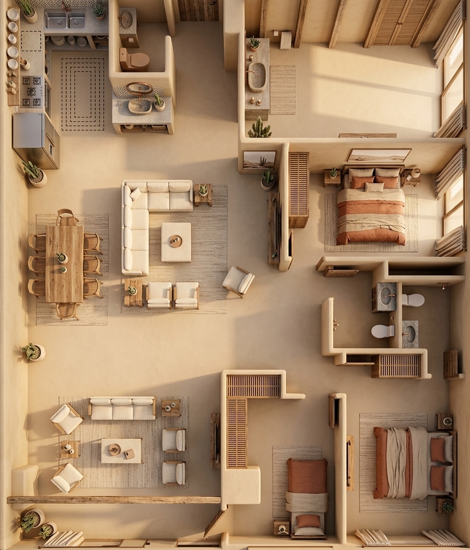 An incredibly lifelike, richly detailed, photorealistic wide-angle interior shot of a spacious living room set in an elegant desert retreat. The scene is illuminated by sun-drenched golden light filtering through expansive glass doors, creating a warm, tranquil, and comforting atmosphere. Captured with a professional medium-format camera and a 24mm tilt-shift lens, emphasizing the rich textures of smooth, sand-colored adobe walls, rustic wooden beams, and woven linen fabrics. This pristine space, perfect for a luxury photography book, features a minimalist Southwestern aesthetic styled in soothing shades of terracotta, beige, and warm neutrals. In the open-concept layout, a low-profile main seating arrangement with plush cream sofas and rustic timber coffee tables is complemented by secondary cozy lounge areas and an elegant dining set nearby. Pared-down surfaces are subtly adorned with desert-inspired decor, including ceramic pots housing green cacti and succulents, while a large, framed desert landscape wall art print anchors the main wall, perfectly blending the arid outdoor beauty with the home's simplistic, serene interior.
