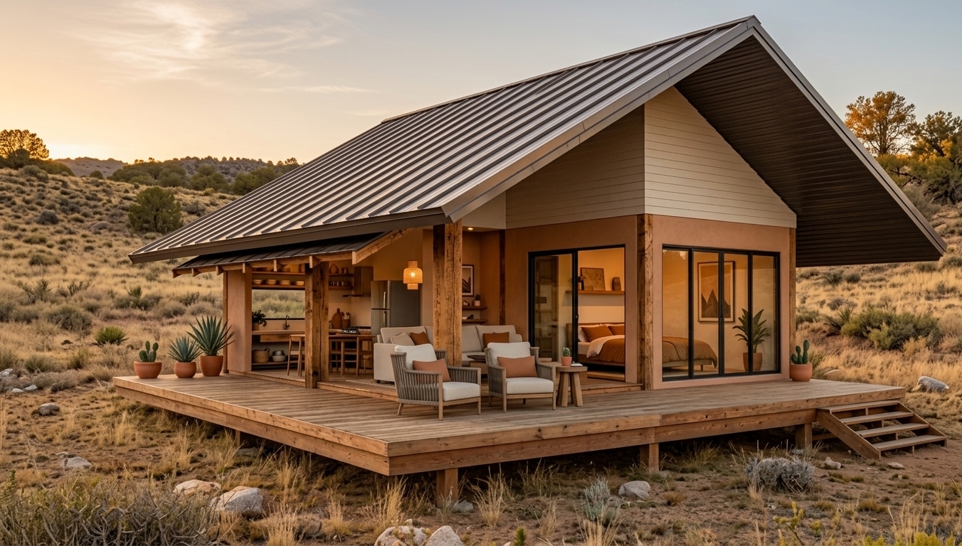 An incredibly lifelike, richly detailed, photorealistic architectural photo of a minimalist desert retreat set in a tranquil, arid Southwestern valley during a warm autumn sunset. The scene is illuminated by the low-slung golden sun peeking over distant hills, creating a tranquil, sun-drenched atmosphere. Captured with a professional 35mm lens, emphasizing the rich textures of the rustic wooden columns, the smooth beige-and-terracotta finish of the walls, and the sleek corrugated metal of the dramatic overhanging gabled roof. The expansive wooden deck, featuring minimalist clay-potted cacti and succulents, seamlessly extends the indoor living spaces to the outdoors. Through the wide glass doors, a warm, simplistic interior is visible, adorned with rustic wood furniture, earth-toned linens, and desert-inspired decor, all perfectly integrated into the serene, arid landscape.