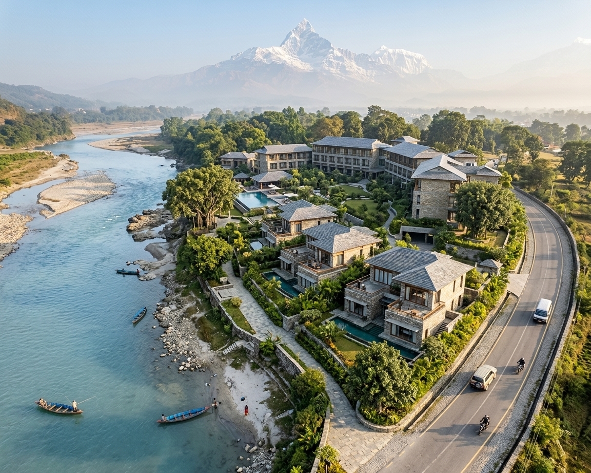 An expansive, photorealistic high-angle aerial drone photograph of a luxury hotel master plan nestled in Pokhara, precisely matching the spatial layout of the diagram. On the left and curving down, the milky-blue waters of the Seti-Gandaki River carve through a rocky gorge, positioned ten meters below the main elevated site. The central plateau features a sprawling, exceptionally designed 145-bedroom luxury hotel resort alongside five exclusive individual villas, all showcasing natural stone facades, sleek glass, and rich timber accents amidst lush subtropical landscaping and manicured gardens. Curving along the upper right portion is the asphalt road network, complete with realistically scaled cars and fine road markings. In the far background, the majestic, snow-covered peak of Mount Machhapuchhre rises sharply against a soft, hazy blue sky. The entire scene is bathed in the warm, golden light of a clear morning, casting long, soft shadows that emphasize the architectural topography, captured with the crisp detail, subtle chromatic aberration, and natural textures of a professional landscape photograph.