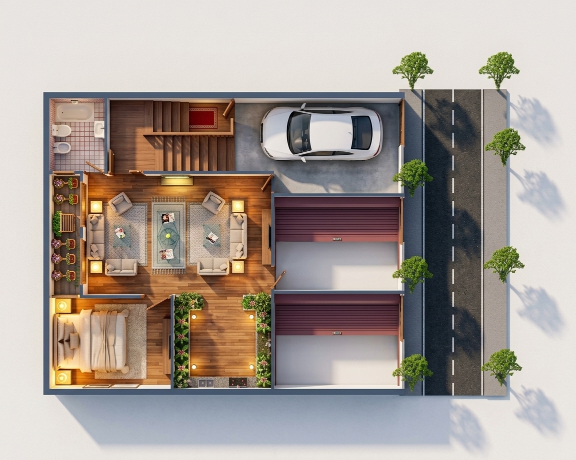 An orthographic, top-down 3D architectural cutaway photograph precisely matching the layout and perspective of the floor plan, presented as a highly detailed physical model. The solid exterior and interior partition walls are rendered as clean, three-dimensional structures, completely closed on the outer perimeter with clearly defined glass windows. Inside, the spaces are meticulously detailed: the central living room is warmly and beautifully illuminated by glowing ambient lamps, showcasing plush fabric sofas, a detailed patterned area rug over polished wooden flooring, and a glass coffee table. To the bottom-left, the bedroom is perfectly lit, revealing a neatly made bed with soft linens and wooden accents. Near the top, a beautifully designed staircase features three initial steps leading to a landing before continuing upwards, decorated with a red carpet runner. The kitchen and adjacent hallway are lined with lush green plants in integrated planters, softly lit to highlight their organic textures. At the top-right, a residential parking space holds a modern white car on a smooth concrete floor, situated above two commercial shop bays with neat roller doors. To the far right, a realistic asphalt road is bordered by vibrant green trees casting delicate, soft shadows. The overall image captures professional architectural model photography, complete with realistic material physics, subtle specular reflections on polished surfaces, fine fabric textures, soft ambient occlusion in the corners, and a warm, inviting color temperature.