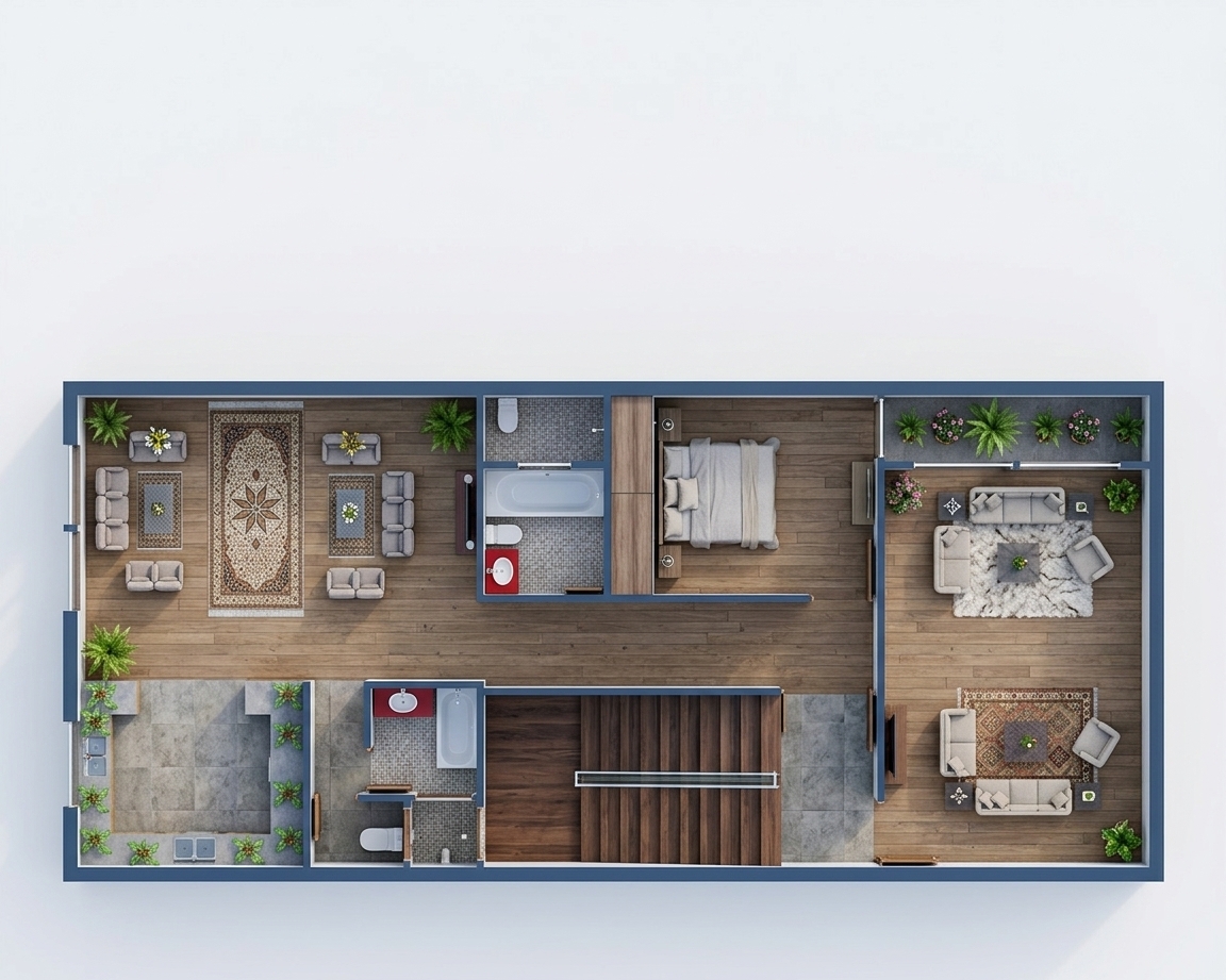 A realistic 3D orthographic cutaway architectural model photograph of the entire floor plan, captured from a straight top-down overhead perspective with a tilt-shift lens. The layout, walls, and furniture arrangement perfectly match the source image. The scene is rendered in an elegant night-time setting with warm, ambient interior lighting. Spotlights and bedside lamps cast soft, golden-hued light over the neatly dressed beds, the plush living room sofas, and the kitchen counters. The staircase is meticulously detailed, clad in a dense, premium neutral-colored carpet with crisp edges. In the bathrooms and designated private areas, cool, soft moonlight diffuses downward through overhead skylights, creating a subtle contrast against the warm interior lamps. Floor finishes transition beautifully from polished hardwood in the bedrooms and hallways to elegant grey porcelain tiles in the bathrooms. High-fidelity textures are visible throughout, including wool-shag area rugs, soft linen bedding, polished wood grain, realistic green potted plants, and clean kitchen surfaces. Gentle, realistic shadows are cast by the low-cut walls, and a faint, natural digital noise and soft atmospheric bloom around the light sources give the architectural model a photograph-like quality.