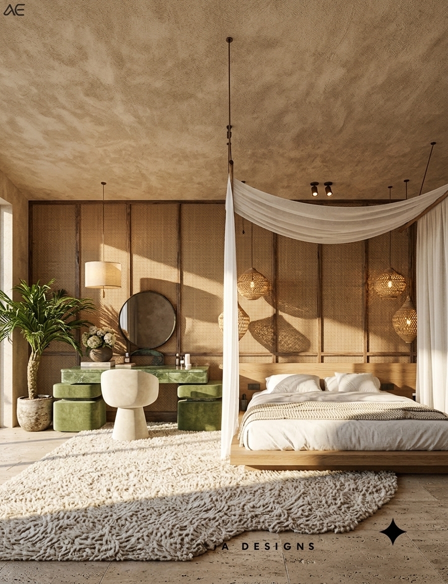 An incredibly lifelike, richly detailed, photorealistic wide-angle interior photograph of a coastal bedroom sanctuary set in a sun-drenched Mediterranean retreat. The scene is illuminated by warm, direct afternoon sunlight streaming in from the left, creating a relaxed, earthy, and inviting atmosphere. Captured with a 35mm lens, emphasizing the intricate, coarse textures of the woven wall coverings, the plush loop-pile rug, and the raw plastered ceiling.

This masterfully designed bedroom harmonizes rustic elegance and modern comfort, featuring a low-profile wooden platform bed topped with crisp, neutral linens and draped under a sheer white canopy. Beside the bed, a luxurious green marble vanity table with cylindrical moss-green upholstered bases is paired with a sculptural, fluid-form ivory chair and a sleek round mirror. The walls are adorned with vertical panels of woven rattan framed by dark rustic wood trim, providing a tactile backdrop for delicate, globe-shaped woven lantern pendants that hang elegantly in the corner. Overhead, a heavily textured, hand-applied plaster ceiling in warm beige tones mimics aged stucco, grounding the space. A lush, potted indoor palm in a weathered stone planter stands beside the vanity, completing this serene oasis and connecting the coastal-inspired interiors with the natural world outside.