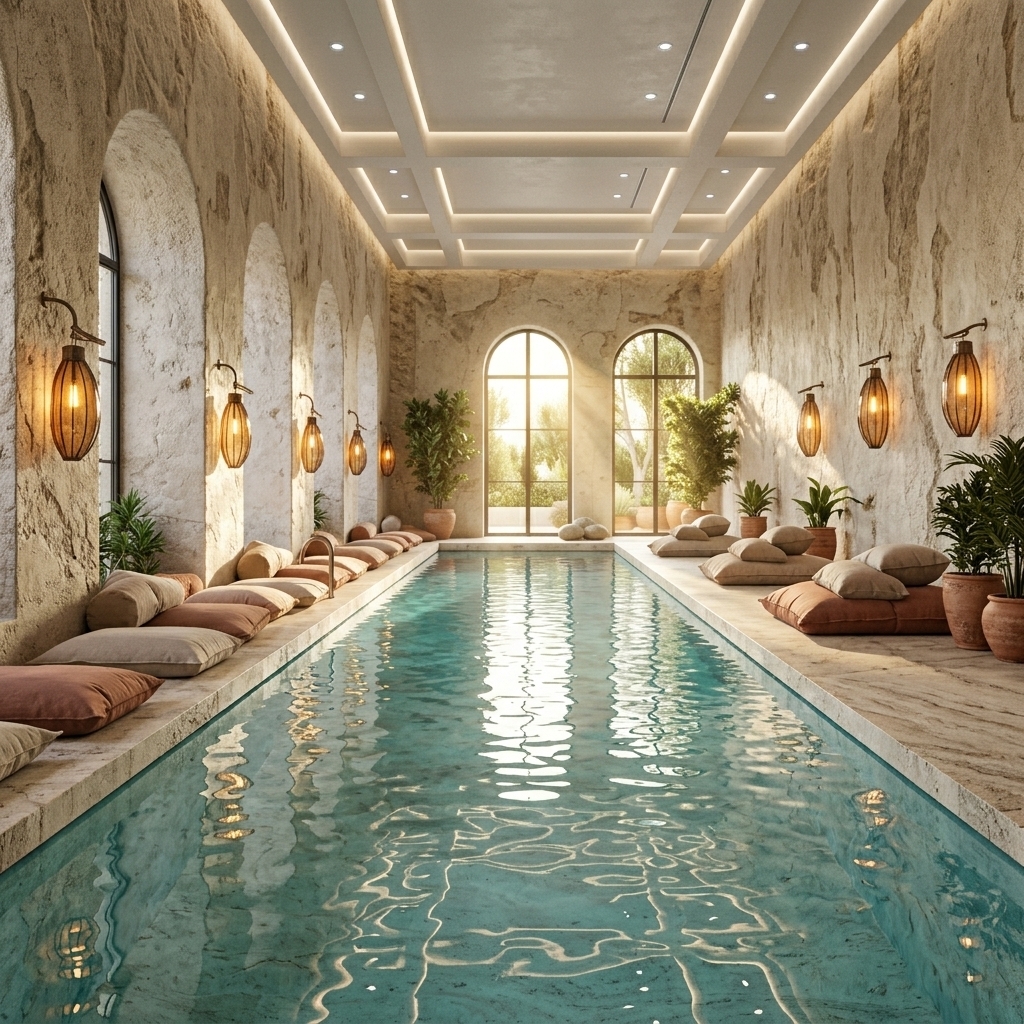 An incredibly lifelike, richly detailed, photorealistic interior shot of a sanctuary pool hall set in a secluded Mediterranean retreat. The scene is illuminated by a harmonious blend of golden sunbeams filtering from double arched doors at the far end and organic, warm amber light radiating from rustic teardrop wall sconces and hidden ceiling coves, creating a deeply relaxing, earthy, and sun-drenched atmosphere. Captured with a professional wide-angle lens, emphasizing the highly textured, aged limestone walls, raw travertine stone flooring, and the mesmerizing ripples of turquoise and soft-blue water. Casual, plush floor cushions in warm neutrals and muted clay tones line the pool’s perimeter pathways, offering a laidback, coastal lounging space. Lush indoor plants in terracotta pots frame the transition to the bright, verdant outdoor landscape visible through the wrought-iron framed windows, making this breathtaking composition look like a masterfully curated spread from an architectural photography book.