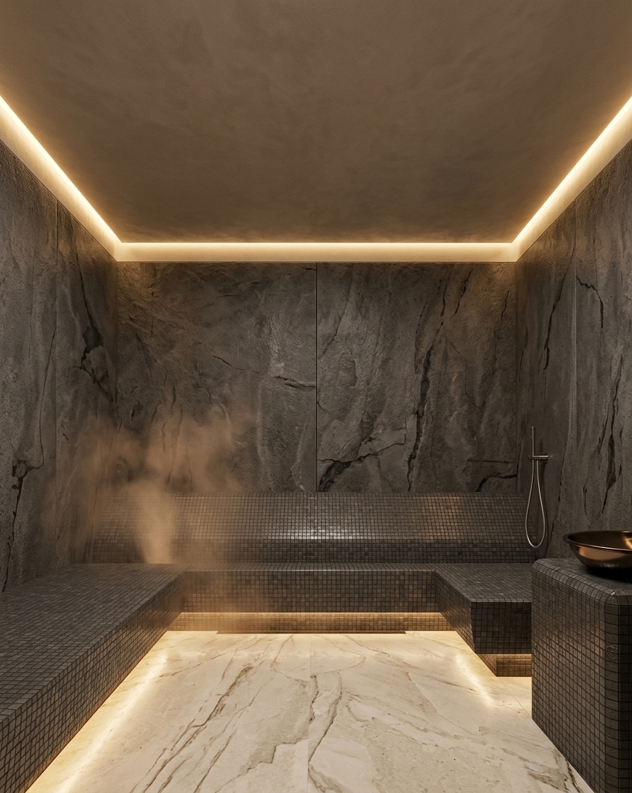 An incredibly lifelike, richly detailed, photorealistic wide-angle interior shot of a luxurious private steam room hammam set in a relaxed, high-end Mediterranean coastal retreat. The scene is illuminated by soft, glowing warm-toned LED strip lights tucked into the ceiling coves and beneath the floating benches, casting a gentle gold radiance that contrasts against the deep shadows to create a meditative, earthy, and deeply inviting atmosphere. Captured with a professional 35mm lens, emphasizing the tactile, organic texture of the dark, raw-stone microcement walls and the minuscule, grid-patterned mosaic tiles that clad the ergonomic spa benches. Underfoot, a smooth, cream-colored limestone floor slab is lightly washed in warm light, leading the eye toward a monolithic mosaic-tiled pedestal which hosts a polished bronze vessel basin accompanied by a minimalist chrome shower fixture. This serene sanctuary beautifully balances a modern, minimalist layout with timeless, rustic Mediterranean materials, capturing the essence of an architectural photography book celebrating tactile stone surfaces, warm neutrals, and tranquil, wellness-focused design.