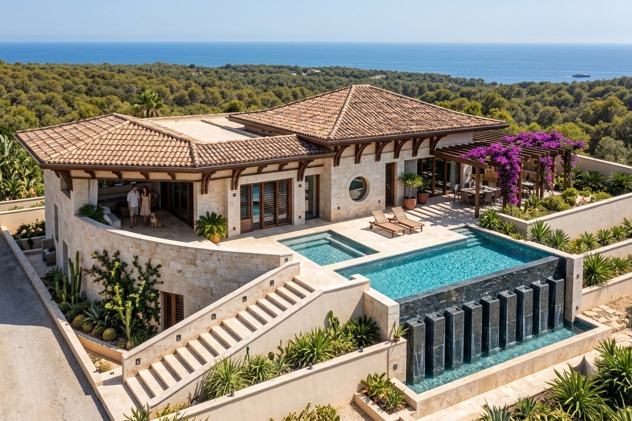 An incredibly lifelike, richly detailed, photorealistic wide-angle aerial shot of a luxurious Mediterranean retreat house exterior set in a lush coastal hillside overlooking a sparkling blue ocean. The scene is illuminated by the bright, clear glare of the midday sun, creating a relaxed, sun-drenched, and inviting atmosphere. Captured with a professional medium-format camera and a sharp tilt-shift lens, emphasizing the rich textures of weathered terracotta roof tiles, rough-cut cream travertine stone walls, and the brilliant, shimmering blues of the multi-tiered swimming pools. 

This coastal villa features a beautifully balanced split-level layout. A grand stone staircase with integrated pathway lighting sweeps downward towards an infinity-edge pool, which cascades into a lower basin through a dark slate waterfall feature. On the upper terrace, rustic wooden lounge chairs and wrought iron dining furniture sit under a wooden pergola draped in vibrant purple bougainvillea, while lush tropical greenery and potted indoor-outdoor plants punctuate the warm neutral stone. Large glass doors open to reveal textured interior surfaces, presenting a harmonious blend of earthy elegance and casual warmth that looks like a curated page from a luxury photography book or a piece of Mediterranean landscape wall art.