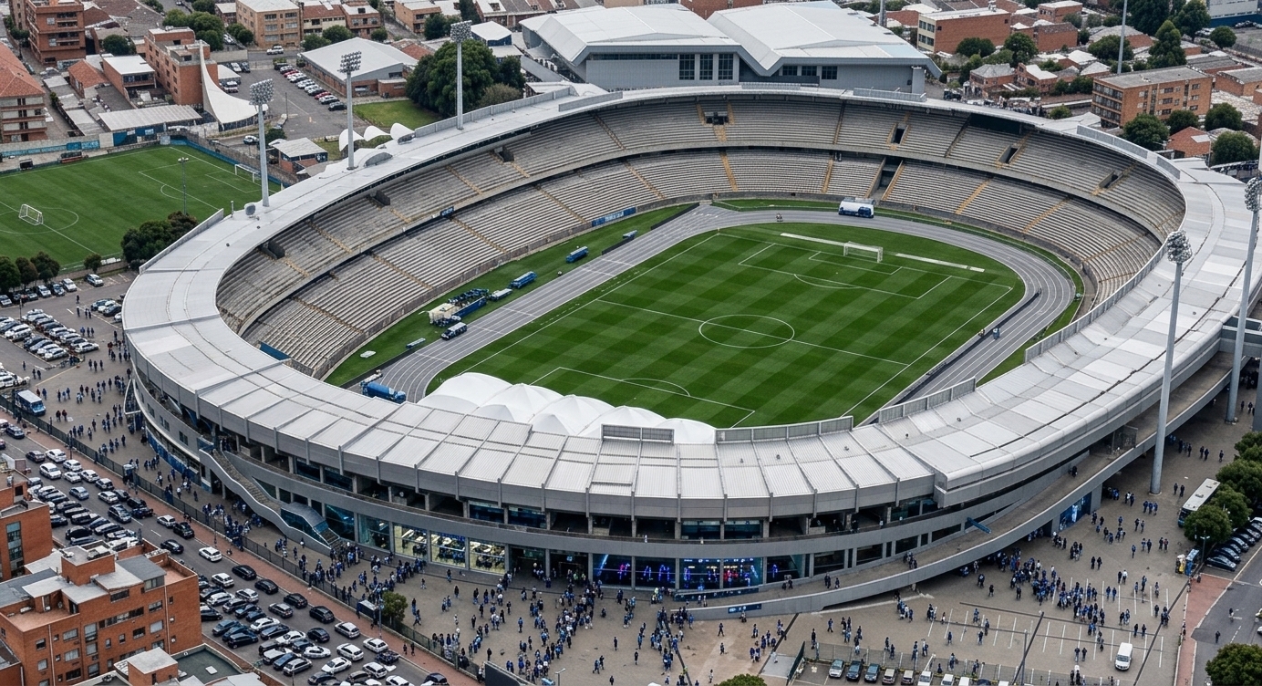An incredibly lifelike, richly detailed, photorealistic high-angle aerial shot of a magnificent new football stadium inspired by the futuristic, asymmetric steel-clad design of the Monterrey Stadium in Mexico, set in a dense, bustling urban photo environment. The scene is illuminated by bright, diffused overcast daylight reflecting off the polished metallic surfaces, creating an awe-inspiring and vibrant atmosphere. Captured with a high-resolution medium format camera and a wide-angle lens, emphasizing the sweeping contours of the silver facade, the immaculate geometric cut of the lush green pitch, and the sheer scale of the building. Integrated into the modern stadium complex is a state-of-the-art gaming room designed as a sleek, minimalist haven seen through giant glass panels, blending digital entertainment with athletic grandeur. Below, organized streams of passionate blue-clad fans navigate the clean, white concrete plazas, creating a dynamic sense of movement within the city grid.