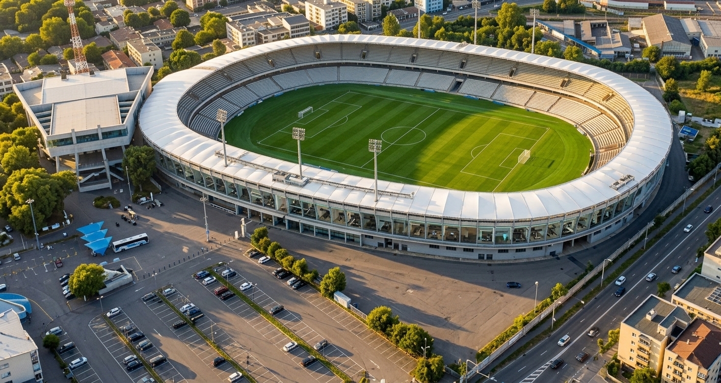 An incredibly lifelike, richly detailed, photorealistic wide-angle aerial shot of a beautifully renovated sports stadium inspired by the modern architecture of the Hard Rock Stadium in Miami, Florida, set in a bustling, regenerated urban landscape. The scene is illuminated by brilliant, golden afternoon sunlight reflecting off polished steel and glass, creating a vibrant and high-energy atmosphere. Captured with a high-resolution drone camera using a 24mm wide-angle lens, emphasizing the crisp textures of the massive white tensile roof canopy, the pristine emerald-green pitch, and the glossy facade of luxury suites. Through the seamless glass of the VIP boxes, minimalist interiors are visible, showcasing sleek, high-tech gaming rooms designed as quiet, modern havens with clean lines, comfortable seating, and ambient LED light strips.