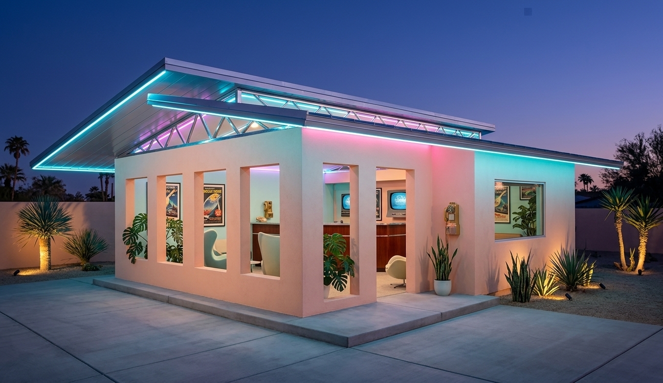 An incredibly lifelike, richly detailed, photorealistic wide-angle architectural exterior photo of a retro-futuristic boutique hotel lobby pavilion set in a stylized, midnight-desert oasis. The scene is illuminated by a dramatic combination of deep twilight sky and vibrant neon pink and cyan lights emanating from the structure's interior and roofline, creating a nostalgic, space-age, and highly cinematic atmosphere. Captured with a professional 35mm tilt-shift lens on a high-end medium-format camera, emphasizing the crisp geometric lines, smooth pastel-colored surfaces, and highly reflective metallic details.

The architectural centerpiece features an innovative, dual-sloped roof clad in metallic silver panels that catch the fading ambient light. This floating roof structure is supported by an exposed, streamlined chrome truss system running along the clerestory gap, giving it a light, bold, and space-age feel. The exterior walls are finished in a flawless, smooth-coated stucco of warm pastel peach. This flat-headed building sits low to the ground on a clean, solid architectural concrete foundation that serves as an inviting entryway plinth.

Framed by deep-set, clean-edge geometric openings, the interior lobby is fully visible, bringing the space-age design to life. Through the multiple vertical slot windows and the large horizontal viewing window on the right, a world of retro-futurism unfolds. The lobby's interior boasts stylized mid-century modern furniture, including organic-shaped egg chairs in muted pastel teal and cream. Bold, vintage sci-fi posters in sleek metal frames adorn the inner walls, celebrating a nostalgic vision of the future. Sleek mahogany reception counters are polished to a high sheen, populated with retro-futuristic desktop screens and vintage-style brass intercoms. 

Lush, oversized indoor plants—such as split-leaf philodendrons and structural snake plants—fill the corners, casting soft, organic shadows against the crisp walls. Outside, the pavilion is flanked by minimalist desert landscaping, with stylized palms lit from below by warm spotlights, contrasting beautifully with the cool neon glows that wash over the structural elements. Sharp reflections of neon signages and the deep blue night sky dance across the glass panes and polished metal frames, encapsulating a high-end, immersive architectural rendering for a luxury sci-fi-inspired destination.