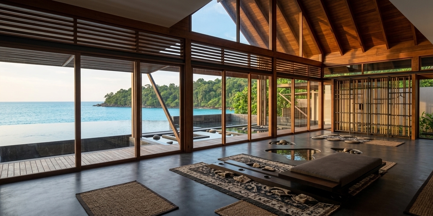 An incredibly lifelike, richly detailed, photorealistic wide-angle interior photo of a luxury suite in an exotic tropical hotel set in a secluded paradise overlooking a pristine, azure sea bordered by a lush Asian rainforest. The scene is illuminated by the warm, golden glow of the late afternoon sun filtering through a monumental floor-to-ceiling glass facade, creating a serene and indulgent atmosphere. Captured with a professional 24mm tilt-shift lens, emphasizing the rich grains of the dark teak wood framing, the smooth finish of the charcoal floors, and the sharp, clean lines of the contemporary architecture...

This expansive hotel room exudes contemporary elegance, seamlessly blending modern architectural lines with breathtaking natural vistas. Through the massive sliding glass doors, a panoramic view of the sparkling turquoise sea unfolds, flanked by the emerald-green canopy of a dense rainforest. Inside, the lofty, vaulted wood ceiling features exposed, rich timber beams that add organic warmth to the minimalist space. Sleek, low-profile custom furniture sits atop the dark polished floor, positioned perfectly to take in the ocean breeze. Soft, ambient highlights glisten on the upper glass gables, completing this tranquil, ultra-luxurious sanctuary.