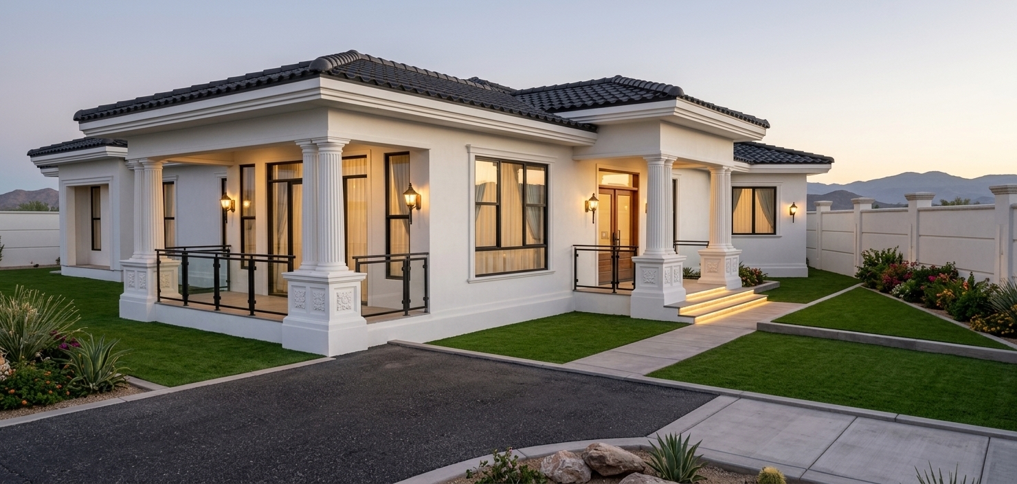 An incredibly lifelike, richly detailed, photorealistic wide-angle architectural photo of a luxurious single-story neoclassical villa set in a serene desert retreat. The scene is illuminated by the dramatic warm glow of golden hour and soft, inviting ambient lighting from both inside and outside the villa, creating a serene and sophisticated atmosphere. Captured with a professional 24mm tilt-shift lens, emphasizing the sharp structural contrast of sleek black window and door frames against the clean white stucco facade, the villa boasts striking matte black roof tiles that add a contemporary edge to the traditional design. Through the pristine, clear glass windows and sliding doors, elegant, soft sheer curtains are visible, gently filtering the warm light glowing from the interior spaces. The grand entrance is framed by sophisticated fluted columns on white decorative pedestals, with the entrance steps beautifully accented by integrated LED step lighting. Surrounding the villa is a meticulously manicured, vibrant green trimmed lawn, bordered by a lush outdoor garden showcasing a selection of colorful flowers and hardy desert plants. A sleek dark asphalt driveway leads to the house, complementing the modern aesthetic, while a stylish perimeter wall encloses this private oasis, standing in perfect harmony under a soft, transitioning twilight sky.