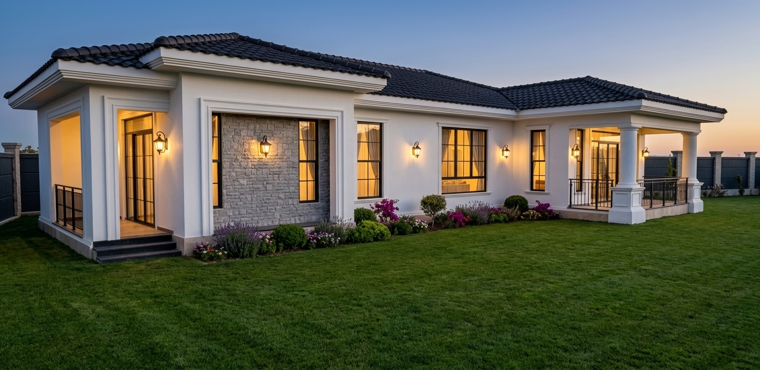 An incredibly lifelike, richly detailed, photorealistic wide-angled architectural shot of a modern Mediterranean retreat set in an upscale outdoor garden. The scene is illuminated by the warm, soft glow of twilight combined with radiant indoor and outdoor ambient light fixtures, creating a serene and luxurious atmosphere. Captured with a professional 24mm tilt-shift lens to ensure perfect vertical lines, emphasizing the crisp contrasts of the villa's exterior, the home showcases a sleek black-tiled hip roof and pristine white stucco walls offset by a textured grey stonework accent facade. Sleek black-framed doors and windows feature soft, elegant curtains visible through the glass pane, while the interior rooms emit a cozy, inviting glow. Outdoor wall-mounted lantern sconces warmly wash the facade with light, which is complemented by integrated step lights illuminating the sleek entrance stairs. The entire property is surrounded by a perfectly manicured, emerald-green lawn, embellished with vibrant beds of flowers and carefully trimmed ornamental plants along the modern peripheral fence, creating a sophisticated sanctuary of refined living.