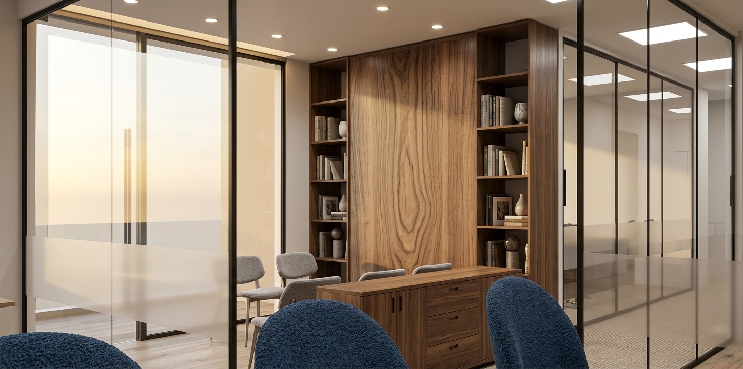 An incredibly lifelike, richly detailed, photorealistic medium-angle interior photo of a sleek, minimalist hotel room suite set in a high-end contemporary boutique hotel. The scene is illuminated by a series of warm, recessed ceiling spotlights, a soft golden morning glow filtering through the expansive window, and four modern 60x60 cm square LED panel lights cleanly integrated into the passage ceiling, creating a serene, bright, and sophisticated atmosphere. Captured with a professional wide-angle architectural lens, emphasizing the rich, organic book-matched wood grain of the custom cabinetry, the tactile boucle texture of the deep-blue foreground chairs, and the crisp, flawless reflections bouncing off the black-framed glass partitions.

This minimalist haven seamlessly integrates a private working nook within the hotel room layout using partition glass with elegant frosted privacy bands. Inside the enclosure, a pair of lightweight grey lounge chairs sit before a stunning floor-to-ceiling walnut shelving unit, detailed with curated decor and a low-profile wooden credenza. To the right, the corridor is beautifully washed in cool, clean light from the sequence of four 60x60 recessed luminaires, enhancing the suite's spatial depth and polished, uncluttered aesthetic.