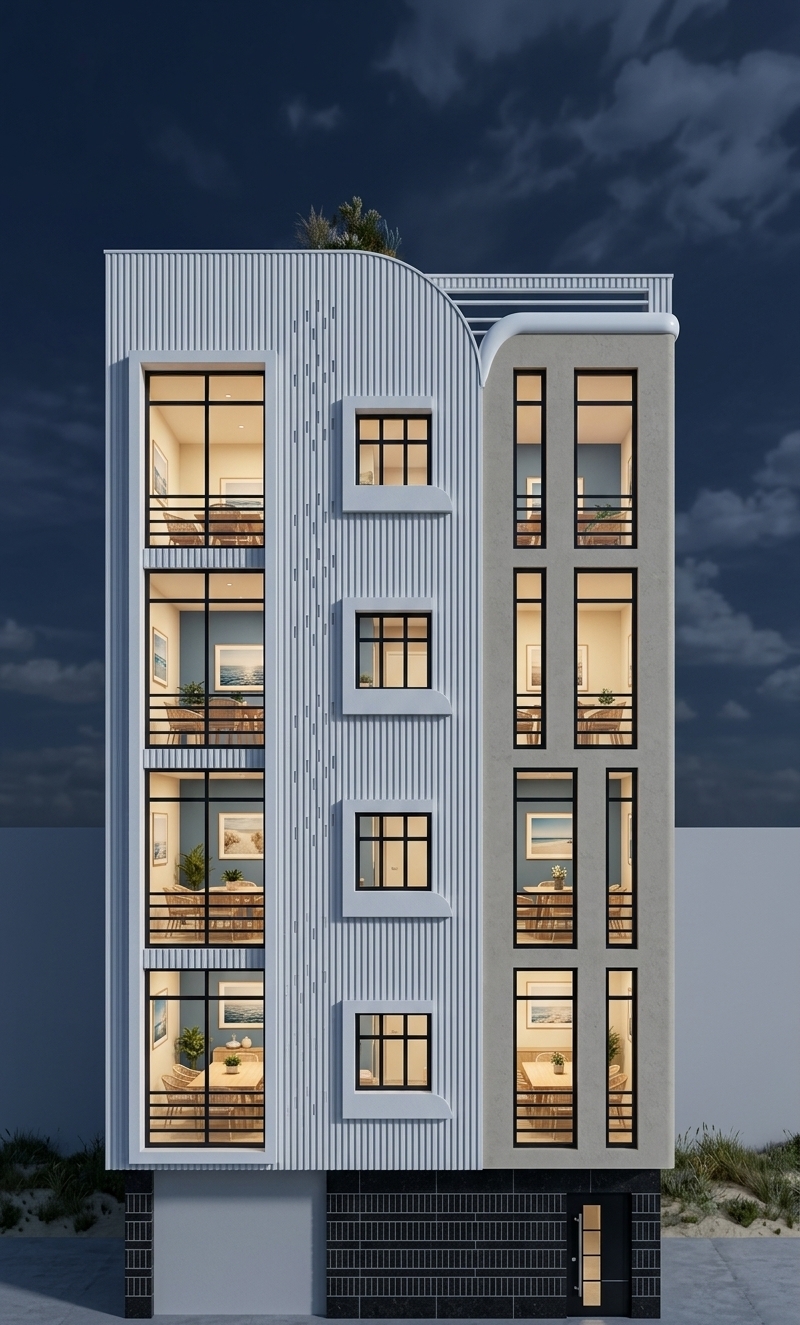 An incredibly lifelike, richly detailed, photorealistic low-angle architectural photo of a modern mid-rise coastal building set in a serene seaside environment during a crisp spring night. The scene is illuminated by a combination of warm, inviting interior lights glowing from within and soft ambient moonlight, creating a relaxed, beachy, and sophisticated atmosphere. Captured with a 24mm tilt-shift lens, emphasizing the crisp vertical ribbed textures of the white plaster, the sandy-grey concrete panels, and the sleek metal window frames. 

Peering through the large, expansive glass windows, the building's interior meeting rooms are beautifully revealed, emanating an airy, light, and fresh nautical aesthetic. These inviting, open spaces are meticulously designed with a palette of shades of blue, crisp white, and sandy neutrals. Uncluttered wooden tables are adorned with curated photography books and small potted plants, surrounded by elegant wicker and wooden furniture. On the interior walls, tasteful seascape wall art is softly illuminated, enhancing the coastal breeze feel of the design. The building’s dual-tone exterior, characterized by its striking vertical patterns and elegant rounded roofline corner, stands as an architectural beacon of casual beachside luxury against the dark night sky.