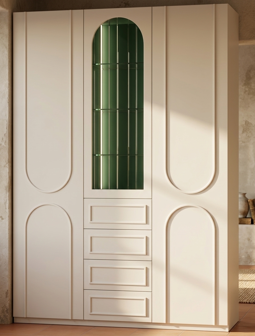 An incredibly lifelike, richly detailed, photorealistic medium shot of an elegant storage cabinet set in the airy living room of a sunlit Mediterranean retreat. The scene is illuminated by soft, golden afternoon sunlight filtering through large windows, creating a warm, cozy, and sophisticated atmosphere. Captured with a professional 50mm portrait lens, emphasizing the smooth, matte warm white finish of the cabinet facades and the dramatic, glowing textures of the display section. 

The cabinet features prominent tall doors accented with elegant arched trim on both sides, styled in a comforting warm white hue. At the center, an arched glass vitrine stands out with a deep, rich green interior, beautifully highlighted by vertical strip lights mounted along the inner sides near the back wall, casting a soft, dramatic radiance over the glass-shelved display. Directly below, four matching drawers with fine rectangular moldings complete this elegant piece, grounded seamlessly within a relaxed, plaster-walled coastal interior.