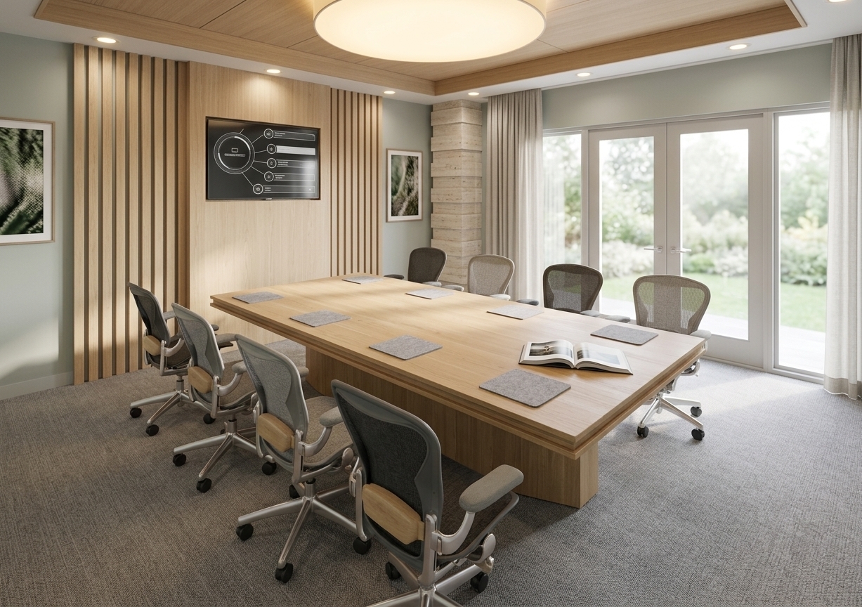 An incredibly lifelike, richly detailed, photorealistic wide-angle interior photo of a Scandinavian-inspired meeting room set in a tranquil, modern corporate sanctuary. The scene is illuminated by soft, abundant natural daylight streaming through expansive, large windows, supplemented by warm, recessed ceiling lights, creating a bright, airy, and serene atmosphere. Captured with a 24mm tilt-shift lens, emphasizing the organic texture of the light-finished wooden table and the plush quality of the soft gray carpet that grounds the space, the room radiates a calm focus. In the center, a long conference table crafted from blonde white oak is surrounded by sleek wooden and metal chairs upholstered in rich, heather-gray fabrics. Rather than stark office finishes, the walls feature a palette of warm whites, subtle grays, and soft sage greens, highlighted by a feature wall of vertical light-wood slats that frames a sleek presentation screen. Tasteful, nature-inspired wall art hangs nearby, while a curated photography book rests elegantly on the table. A touch of subtle greenery from a potted plant in the corner and flowing, light linen drapes frame the window, completing this hygge-inspired, minimalist workspace.