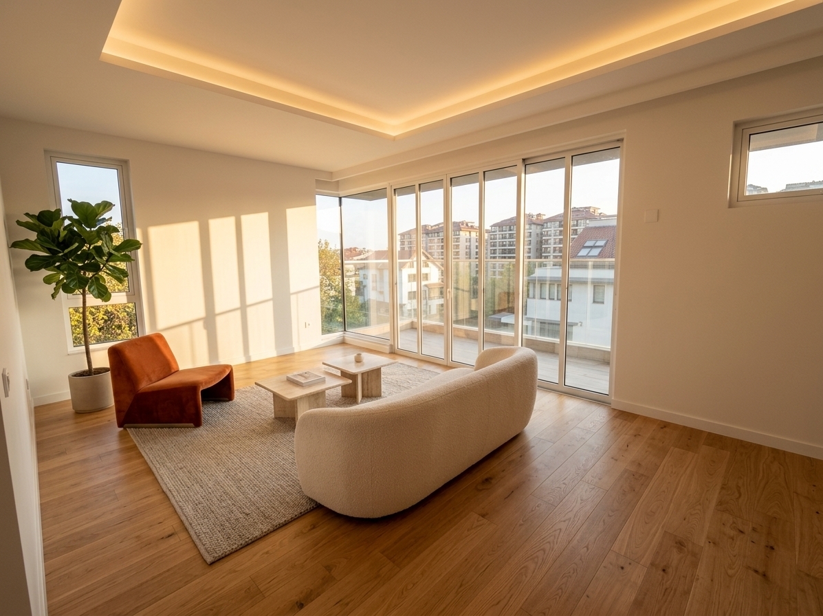 An incredibly lifelike, richly detailed, photorealistic wide-angle interior photo of a reimagined contemporary elegant attic-level living room set in a luxury top-floor apartment. The scene is illuminated by warm, golden hour sunlight pouring through the bare windows, creating a serene and sophisticated atmosphere. Captured with a Hasselblad H6D-100c with a 24mm wide-angle lens, emphasizing the rich texture of the polished light oak flooring and the plush materials of the furniture. 

By completely removing the bulky, dated curtains, the expansive floor-to-ceiling glass sliding doors are left clean and bare, offering a striking, unobstructed view of the surrounding cityscape. The space embraces contemporary elegance with a low-slung, curved cream bouclé sofa complemented by a pair of minimalist travertine coffee tables and a sleek, rust-orange velvet lounge chair. A large, neutral-toned wool rug grounds the seating area, while a tall, sculptural fiddle-leaf fig tree stands in the corner, bridging the gap between the modern interior and the natural world outside. The tray ceiling features warm, concealed LED strip lighting that casts a soft, atmospheric glow, perfectly balancing the natural sunset light to highlight the room's high-end, uncluttered design.