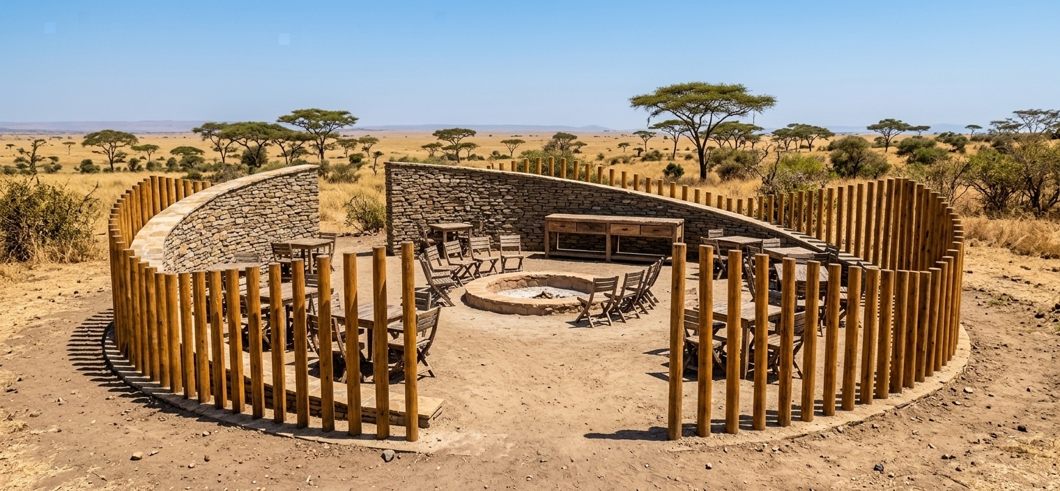 An incredibly lifelike, richly detailed, photorealistic landscape photo of a circular, open-air communal gathering space set in the arid savannah of the Maasai Mara. The scene is illuminated by the brilliant, harsh light of the midday summer sun, creating a warm, inviting, and rugged desert retreat atmosphere. Captured with a professional wide-angle lens, emphasizing the rustic textures of the natural stone-clad curving wall, the vertical grain of the treated timber poles enclosing the perimeter, and the dry, dusty earth ground. At the heart of the enclosure sits a circular stone-ringed fire pit, surrounded by scattered wooden dining tables and chairs. In the expansive background, iconic flat-topped acacia trees and wild, sun-baked shrubbery spread across the golden plains under a vast, clear blue sky.