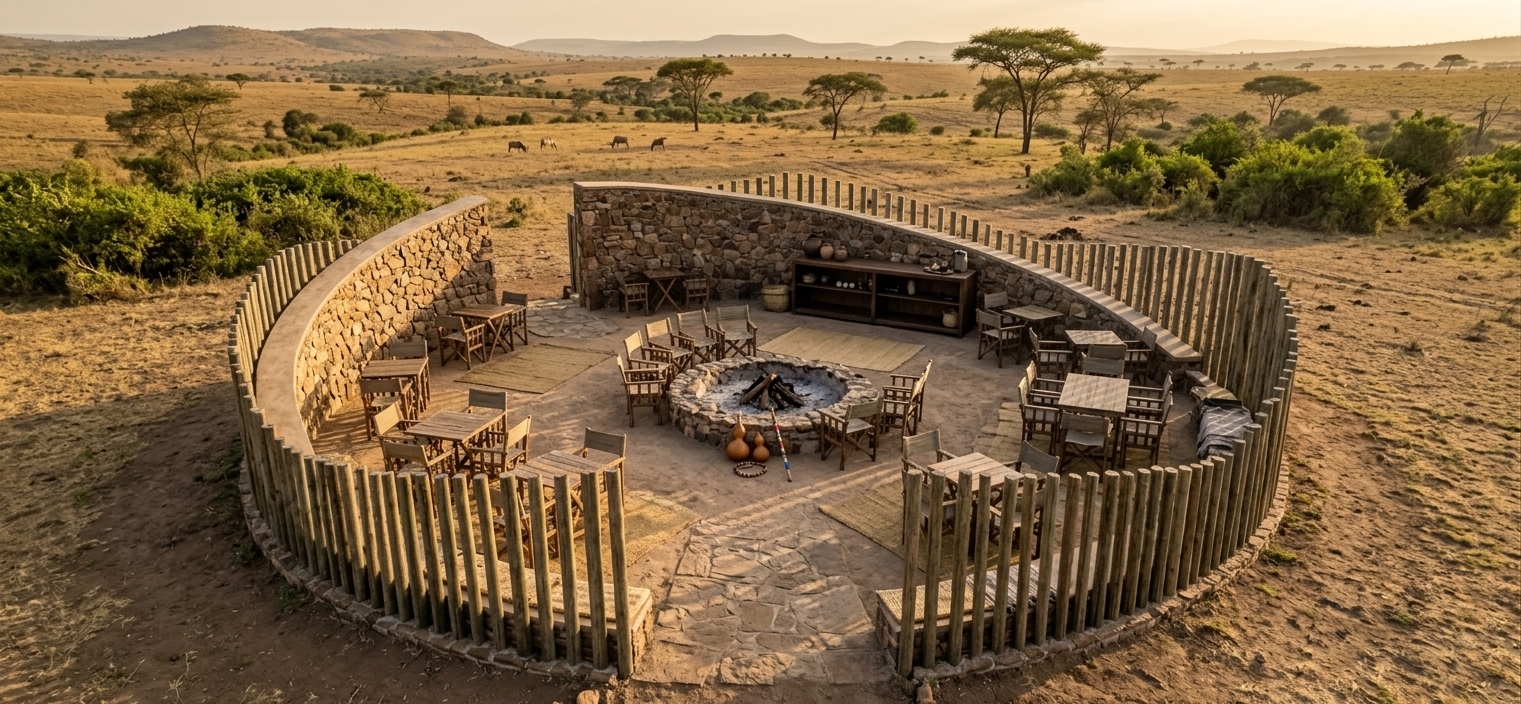 An incredibly lifelike, richly detailed, photorealistic wide-angle landscape photo of an outdoor sitting space and desert retreat set in the arid savannah of the Maasai Mara. The scene is illuminated by the warm, honeyed glow of the late afternoon golden hour, creating a serene and rustic atmosphere. Captured with a professional 24mm wide-angle lens, emphasizing the rough, earthy textures of the natural stone-clad slanting walls and the vertical grain of the treated timber poles fencing the perimeter. 

At the heart of this circular enclosure lies a stone-paved fire pit, surrounded by simple wooden seating arrangements and occasional tables. The surrounding terrain is dry and dusty, seamlessly transitioning into a vast background of rolling, undulating hills dotted with classic flat-topped acacia trees and wild green shrubbery under a soft, hazy safari sky.