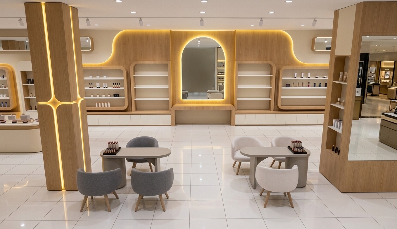 An incredibly lifelike, richly detailed, photorealistic wide-angle interior photo of a retro-futuristic boutique store showroom set in an upscale retail environment. The scene is illuminated by a mix of warm yellow accent lighting and crisp white ceiling spotlights, creating a luxurious and inviting atmosphere. Captured with a 24mm wide-angle lens, emphasizing the fine light oak wood grains, plush seat fabrics, and soft, diffused glows.

The symmetrical space features clean, polished white tiled flooring that reflects the soft overhead illumination. Two prominent wood-paneled structural columns frame the layout, with the central vertical and horizontal grooves of the left column glowing with integrated warm yellow strip lights. Two consultation areas invite customers with curved grey and soft white upholstered chairs arranged around minimalist rounded tables that showcase neat cosmetic displays. The rear wall is a masterpiece of retro-futuristic design, composed of light oak wood paneling, cream accents, and custom curved niches fitted with white shelves and clean white cabinet doors below. An elegant, large arched mirror anchor the center, backlit with a warm yellow glow that matches the cove lights hidden behind the wall panels and under the crisp, white ceiling, while directional white spotlights from above provide sharp, clear highlights across the products.