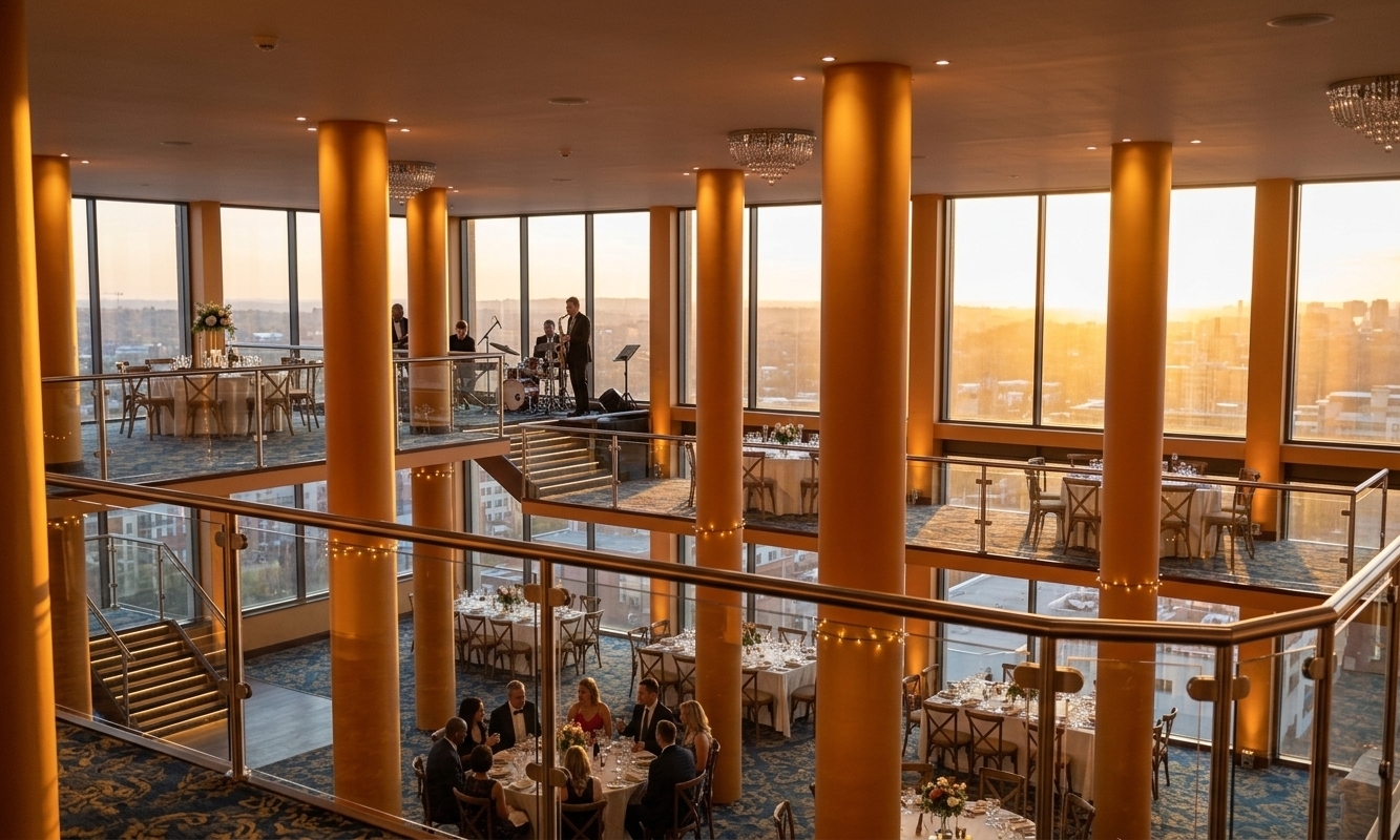 An incredibly lifelike, richly detailed, photorealistic wide-angle interior photograph of an elegant double-height banquet hall set in a sophisticated event venue during an upscale social gathering. The scene is illuminated by the soft, golden glow of a sunset filtering through large perimeter windows, beautifully intermingling with warm, festive decorative string lights, recessed spotlights, and subtle uplights that wrap around the striking, smooth ochre-orange columns, creating a vibrant yet intimate atmosphere. Captured with a professional 24mm lens, emphasizing the crisp reflections on the modern glass railings with polished stainless steel fixtures, the texture of the plush carpeting, and the fine linens of the meticulously set circular and rectangular dining tables. On the ground floor, elegant guests in evening attire chat and dine, while on the second-floor mezzanine, a live musical band performs with microphonic setups and instruments, adding a dynamic energy to this scene of contemporary elegance.