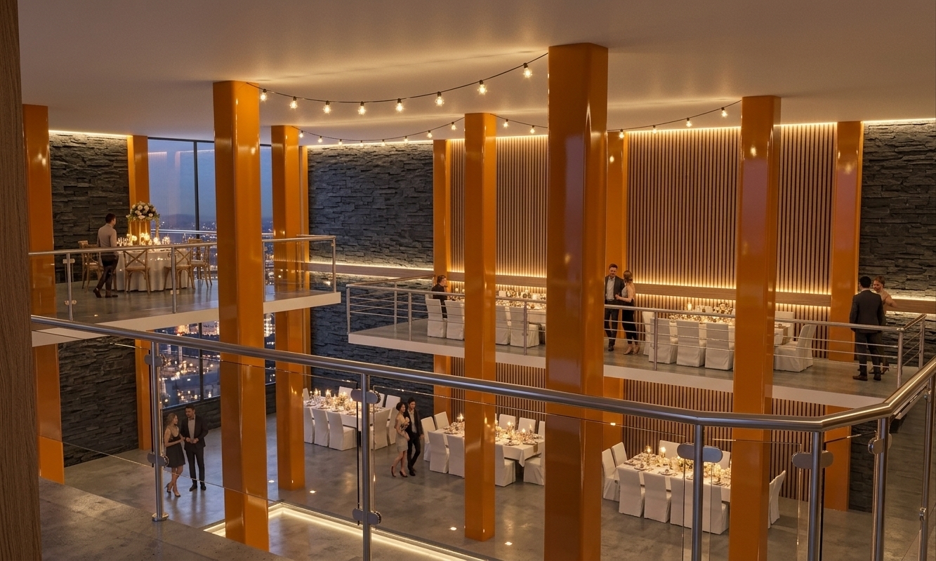 An incredibly lifelike, richly detailed, photorealistic interior photo of a sprawling, double-height modern fusion event hall set in an upscale urban venue. The scene is illuminated by a breathtaking combination of warm decorative LED strip lights, ambient column uplighters, and glowing festive string lights, creating a lively, celebratory, and welcoming atmosphere. Captured with a 24mm wide-angle lens, emphasizing the rich, organic textures of the stone and wood wall panels, the crystalline glass railings, and the vibrant sheen of bright, polished ochre-orange structural columns.

The double-height space features beautifully textured feature walls clad in dark, split-face slate stone and vertical ribbed oak wood slats, both enhanced by subtle, warm linear wash lighting that dances across their surfaces. Chic, well-dressed guests mingle cheerfully on both the ground floor and the mezzanine overlooking the main hall, creating a bustling, energetic vibe. The bold, reflective orange support columns rise majestically throughout the space, while neatly arranged banquet tables dressed in clean white linen are illuminated by delicate candles and elegant table centerpieces. Frameless glass and brushed-steel balustrades line the upper walkways, catching the brilliant reflections of the festive lighting to complete this luxurious, high-end celebratory setting.