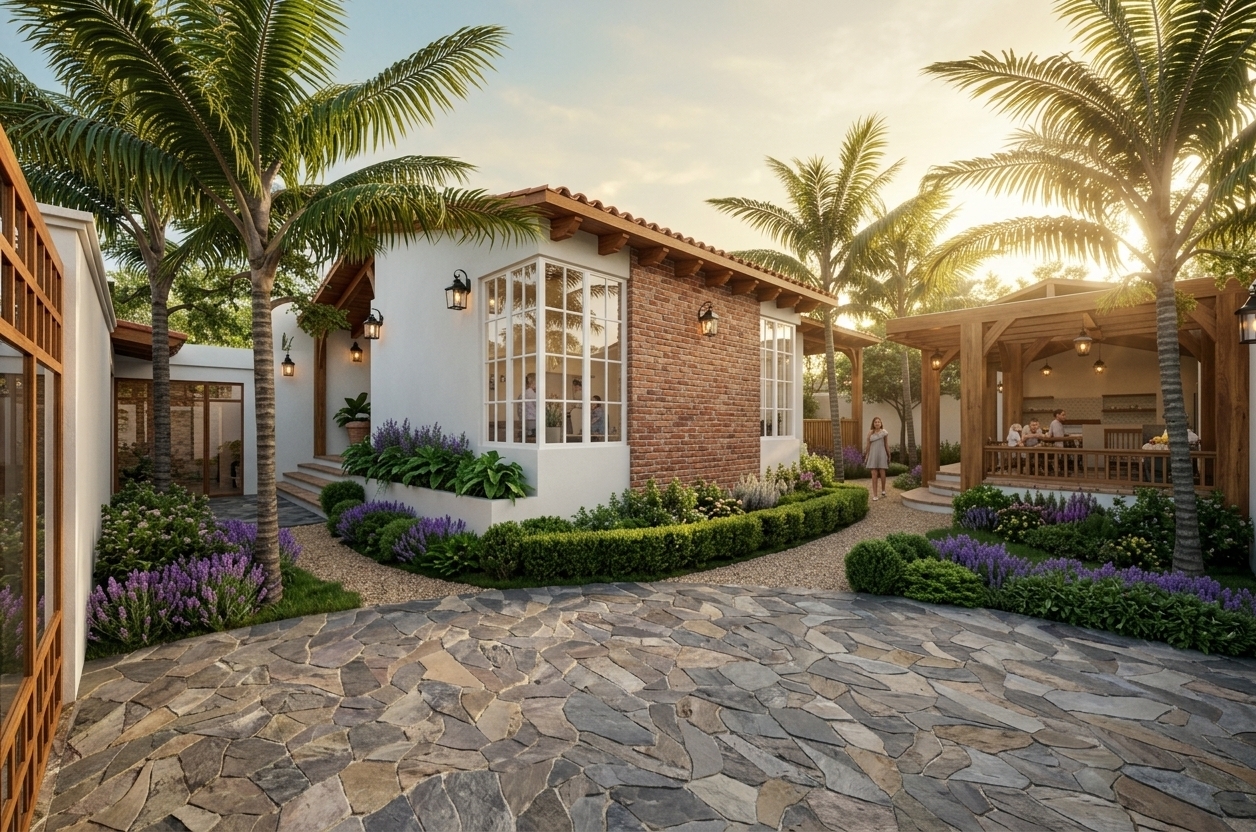 An incredibly lifelike, richly detailed, photorealistic wide-angle exterior architectural photo of a modern villa with French country charm set in a lush, semi-tropical courtyard. The scene is illuminated by bright, late-afternoon sunlight filtering directly through the palm fronds, creating a warm, hazily glowing, and inviting atmosphere. Captured with a professional 24mm tilt-shift lens, emphasizing the rich textures of the irregular crazy-cut slate flagstone pavement, the crisp white stucco, and the rustic red-brick accent walls. 

In this serene outdoor space, beautifully landscaped pathways lined with vibrant purple lavender and neatly groomed green hedges guide the eye toward a delightful main house and a neighboring open-air pavilion. The main structure showcases French country charm with its multi-pane white bay windows, warm timber eaves, and elegant black wrought-iron lantern sconces. In the background, life unfolds naturally within the property as incredibly realistic figures of a woman walking along the gravel path and a family relaxing under the timber-framed pavilion bring an authentic, lived-in warmth to this idyllic residential retreat.
