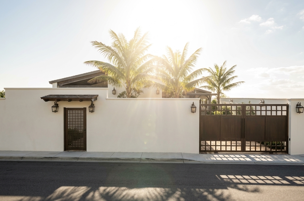 An incredibly lifelike, richly detailed, photorealistic eye-level wide shot of a modern French country-inspired estate exterior set in a warm, subtropical coastal environment. The scene is illuminated by an intense, hazy midday sun flare bursting from behind the tree line, creating an inviting, romantic, and dreamy atmosphere. Captured with a professional medium-format camera and a 35mm lens, emphasizing the crisp matte texture of the stucco wall and the weathered elegance of the dark-stained timber and ironwork, the composition centers on a pristine, warm-neutral white perimeter wall that exudes a distinct French Provincial charm. On the left, a dark-stained wood pedestrian door featuring a fine-grid pattern is shielded by a rustic timber-framed awning, flanked by classic black carriage-style lanterns that hint at a cozy, cottage-inspired interior. To the right, a grand, sliding metal gate in a deep cocoa-brown hue acts as a sophisticated focal point, accented with geometric open-work detailing along its top and bottom panels. Swaying gracefully above the clean wall line, several tall palm trees catch the blinding, ethereal sunlight, filtering the glow across the smooth facade and casting soft shadows down onto the clean, dark asphalt street in the foreground, evoking the serene and timeless feel of a fine-art pastoral photography book.