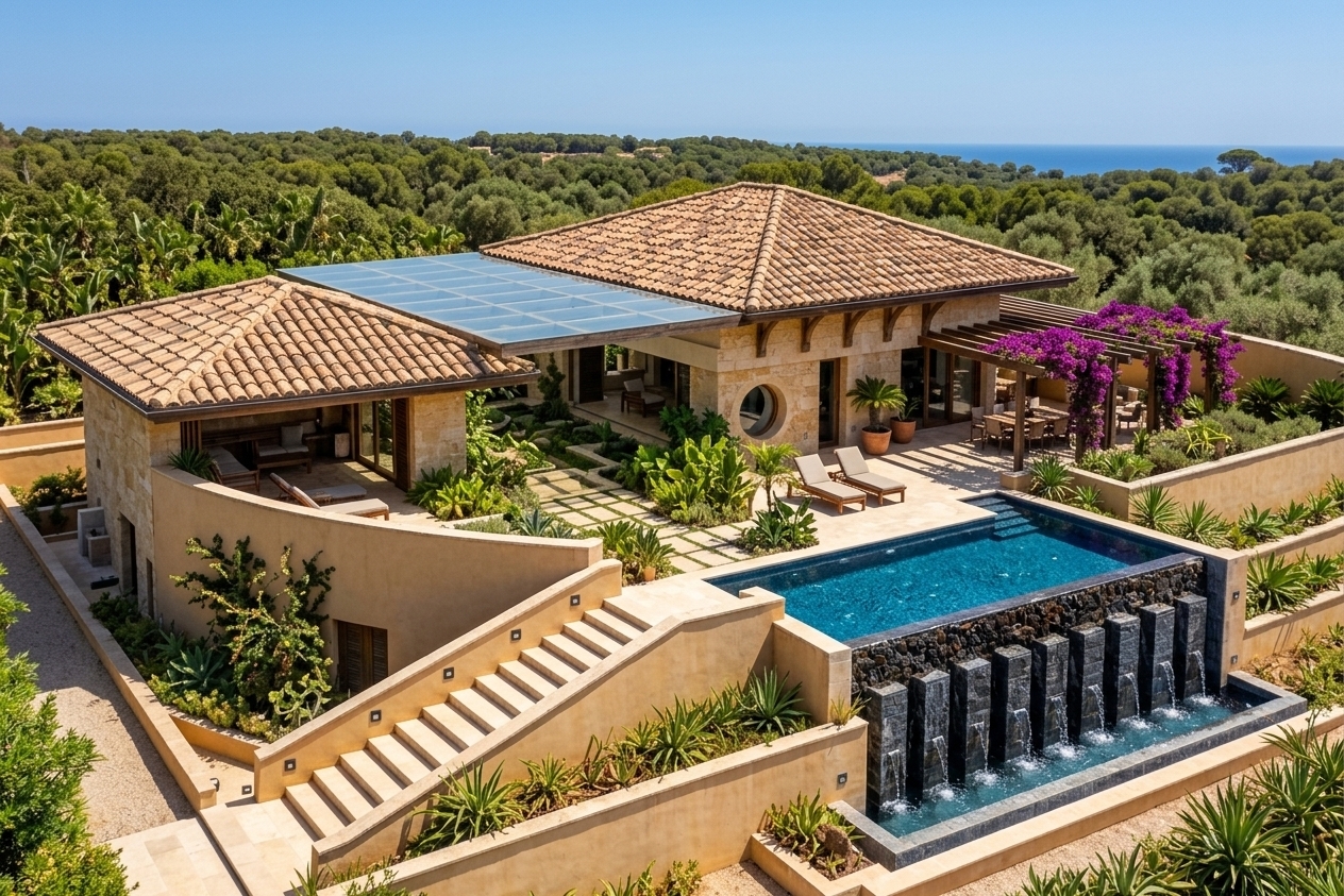 An incredibly lifelike, richly detailed, photorealistic wide-angle architectural photo of a multi-tiered Mediterranean retreat house exterior set in a lush coastal hillside overlooking a dense canopy and the distant sea. The scene is illuminated by the brilliant, high-overhead sun of a hot summer midday, creating a relaxed, sun-drenched, and earthy coastal atmosphere. Captured with a professional medium-format camera and a wide architectural lens, emphasizing the rich, weathered textures of aged terracotta tiles on the dual-pitched roofs and the coarse, sandy finish of the honey-colored limestone block walls. The architectural design seamlessly integrates rustic charm with modern luxury, featuring a central glass-ceiling courtyard filled with lush green indoor plants, stone-paved pathways, and a circular focal window. To the right, a wooden pergola draped in vibrant purple bougainvillea shades an outdoor dining area furnished with wrought iron and rustic wooden furniture. A dramatic rectangular infinity pool, filled with deep blue water, sits on a raised stone terrace, cascading down a dark-stone textured water wall. Cascading stone staircases with integrated warm step lighting flank the terraces, beautifully framed by manicured succulents and native Mediterranean landscaping that ground the estate in neutrals and warm, natural tones.