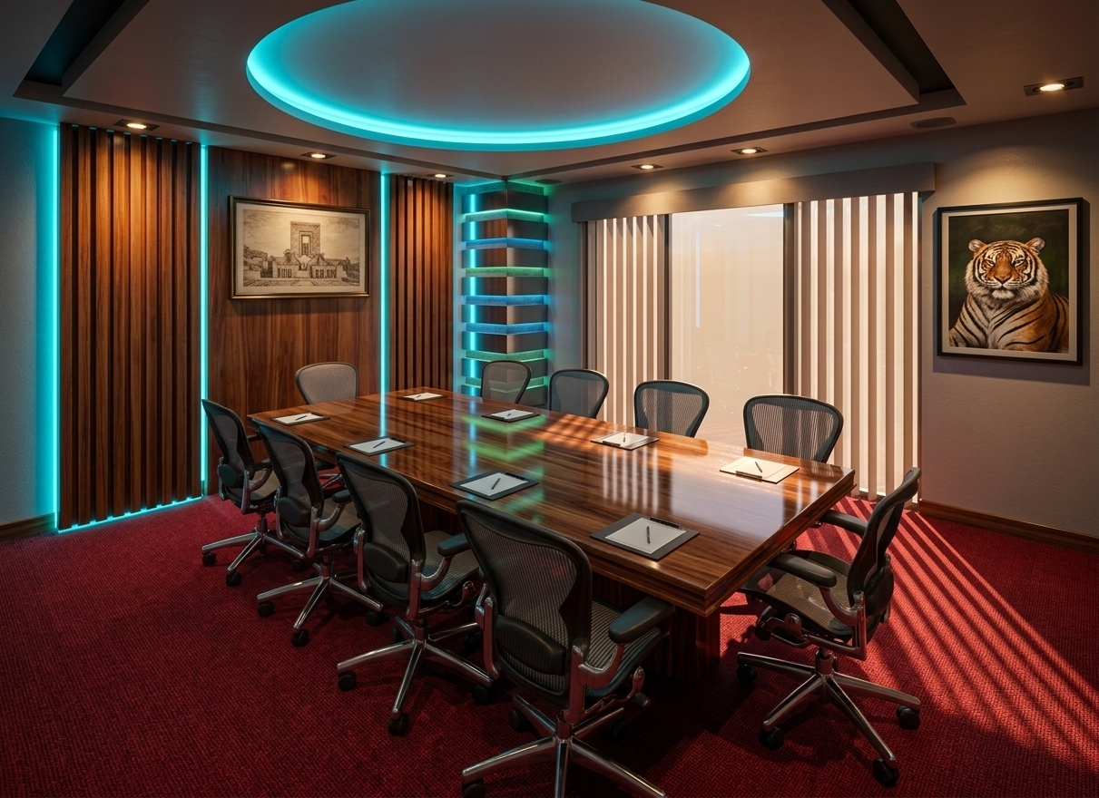 An incredibly lifelike, richly detailed, photorealistic wide-angle interior view of an executive corporate meeting room. The scene is illuminated by a moody, neon noir aesthetic, combining warm spotlighting on the rich tiger portrait and slatted wood-paneled walls with cool, futuristic cyan-blue neon accent lights recessed into the geometric ceiling tray, creating a dramatic, high-contrast atmosphere. Captured with a professional 24mm architectural lens, emphasizing the glossy, polished grain of the massive mahogany conference table, the textured crimson-red carpet, and the detailed mesh of the ergonomic executive chairs. Bright, diffuse daylight filters through the tall window's vertical blinds on the right, casting sharp, structural lines that enhance the deep perspective and atmospheric tension of the space.