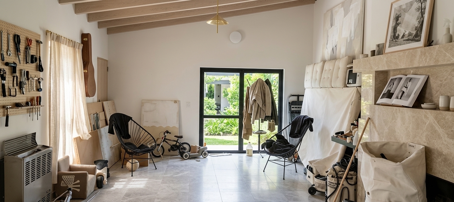 An incredibly lifelike, richly detailed, photorealistic wide-angle interior shot of a sophisticated creative workshop and design studio set in a sun-drenched suburban villa. The scene is illuminated by bright, diffused midday summer sunlight streaming through expansive glass openings, creating an airy, peaceful, and inspiring atmosphere. Captured with a Hasselblad H6D-100c and a 24mm prime lens, emphasizing the smooth polished stone textures, crisp paint finishes, and delicate metallic accents, this space is a masterclass in contemporary elegance. The original sloped wooden ceiling is upgraded to refined, bleached-oak structural beams that emphasize the room’s grand height and architectural proportions. Replacing the previous clutter is an understated, symmetrical composition featuring a magnificent central work table crafted from honed travertine stone, paired with tailored upholstered chairs in soft pearl bouclé with slim, polished brass legs. On the right, the old brick fireplace is reimagined as a sleek, minimalist fireplace clad in polished champagne-colored marble; it serves as a gallery-style mantle featuring an open high-fashion photography book and curated minimalist ceramics. Above the mantel hangs a large-scale abstract painting in shades of warm white, pearl, and soft gray. Where the back wall once stood, expansive, black-steel-framed glass double doors look out onto a manicured summer courtyard filled with vibrant green foliage, seamlessly merging the interior with nature. Sheer, floor-to-ceiling champagne linen drapes frame the left window, diffusing the midday sun across the immaculate, large-format polished light gray stone floor tiles, while a sculptural, minimalist brass pendant light hangs from the highest point of the ceiling to anchor this incredibly calm, refined workspace.