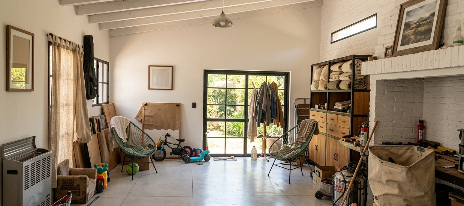 An incredibly lifelike, richly detailed, photorealistic wide-angle interior shot of a reimagined industrial loft and creative workshop set in a bright summer environment. The scene is illuminated by brilliant, natural midday summer light pouring in, creating a warm, airy, and productive atmosphere. Captured with a 24mm wide-angle lens, emphasizing the fine textures of whitewashed brick, smooth concrete, and woven textiles. On the right, a massive, beautifully structured custom industrial storage cabinet made of matte-black steel and warm oak wood organizes the space, perfectly flanking a gorgeous, rustic fireplace built from clean white brick. Overhead, a stunning vaulted ceiling composed of white-painted rustic wood planks and exposed white rafters opens up the room's volume. A seamless, pristine light-gray microcement floor stretches across the entire space, reflecting the bright day outside. To the left, a series of elegant, black-framed divided-glass windows and a matching glass door replace the old layout, dressed in beautifully textured, flowing rustic linen curtains in an organic oat tone that soften the incoming sunlight. The entire room is balanced, functional, and deeply inviting, blending raw workshop elements with sophisticated residential warmth.