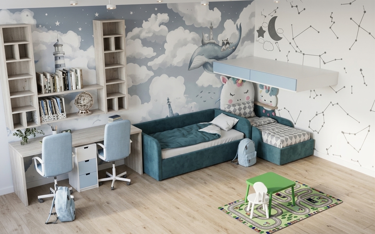 An incredibly lifelike, richly detailed, photorealistic wide-angle interior photograph of a dual-purpose child's Scandinavian sanctuary and study space set in a serene, modern home. The scene is illuminated by soft, bright morning light pouring in from a large, off-frame window, creating a tranquil, clean, and airy atmosphere. Captured with a professional 35mm lens, the shot emphasizes the rich textures of the plush, deep teal upholstered daybed, the tactile grain of the light-washed wooden study desk, and the fine matte surfaces of the minimalist furniture. The wall panels feature nature-inspired starry and sky-themed artistic wallpapers in soothing shades of soft white, charcoal gray, and gentle blue, complemented by a vibrant green play table resting on a colorful stylized road rug. Cozy plush textiles, warm wooden shelving holding curated photography books, and subtle hints of botanical greenery on the desk create a perfectly balanced, hygge-inspired child's retreat.