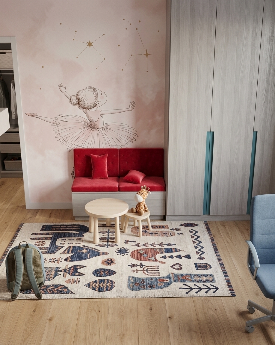 An incredibly lifelike, richly detailed, photorealistic eye-level interior photo of a serene and modern children's study and play corner set in a bright, minimalist-inspired residential home. The scene is illuminated by soft, diffused daylight filtering through an adjacent window, creating a warm, peaceful, and inviting atmosphere. Captured with a 35mm wide-angle lens, emphasizing the fine textures of the bohemian-patterned woven rug, the delicate wood grain of the floor-to-ceiling wardrobe, and the plush velvet of the seating upholstery. A whimsical, pastel-pink wall mural featuring a dancing ballerina serves as a playful backdrop for a custom-built teal bench adorned with vibrant red accent cushions. In the center, a minimalist pale wood activity table sits alongside a charming giraffe-themed wooden chair, resting on elegant, light-oak hardwood flooring. To the right, sleek light gray wood cabinetry with stark, inset teal handles offers highly functional, streamlined storage, while a modern blue task chair hints at a quiet, clutter-free workspace just out of frame.
